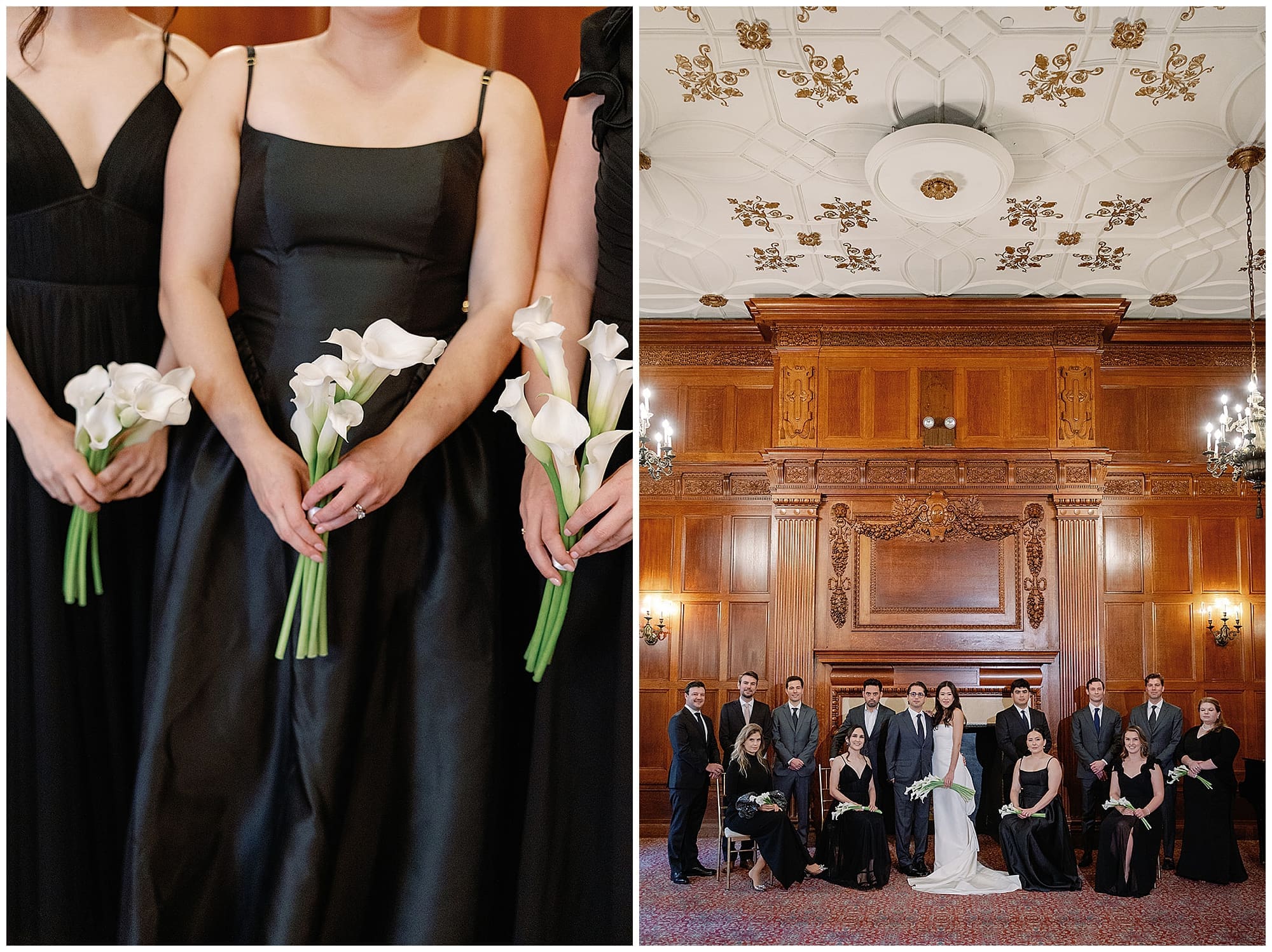 A two-image collage from this Harmonie Club NYC wedding. One frame shows a bridesmaid in a black dress holding a white calla lily bouquet, and the other captures the full wedding party seated in one of the club's grand wood-paneled rooms in Manhattan.