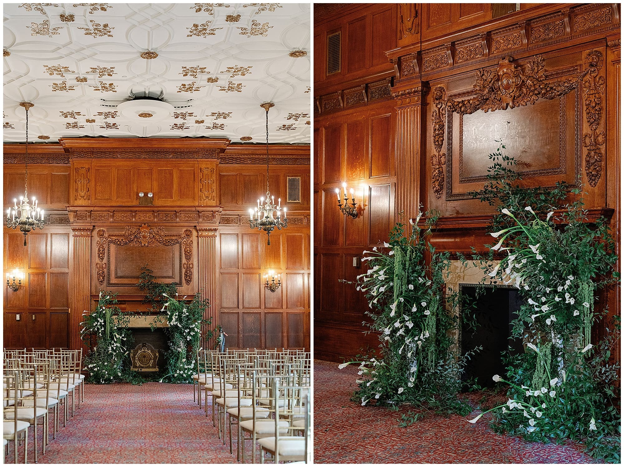 A two-image collage of the ceremony space at the Harmonie Club in New York City. Lush greenery and white wedding florals form a dramatic arch installation in front of a fireplace, with gold chiavari chairs arranged in rows beneath ornate marble and wood-paneled walls.