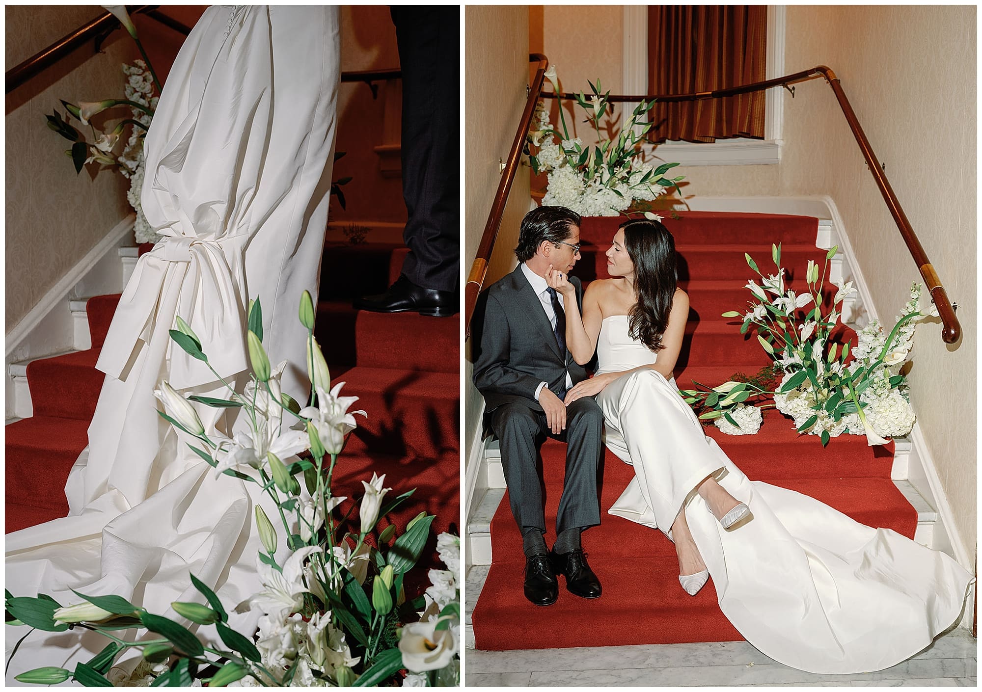 A two-image collage of romantic couple portraits at the Harmonie Club, New York City. A close-up detail of the bride's gown and white calla lily wedding florals on the red-carpeted staircase is paired with a tender moment of the couple seated together on the stairs.