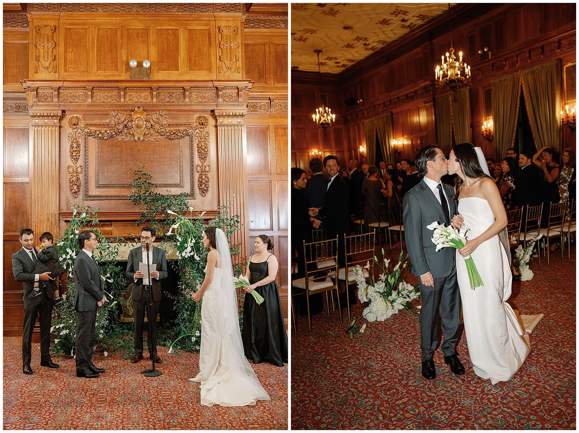 A two-image collage of the ceremony at the Harmonie Club in Manhattan. The couple exchanges vows beneath a lush greenery installation in the ornate wood-paneled ballroom, followed by a portrait of the newlyweds walking together after the ceremony.