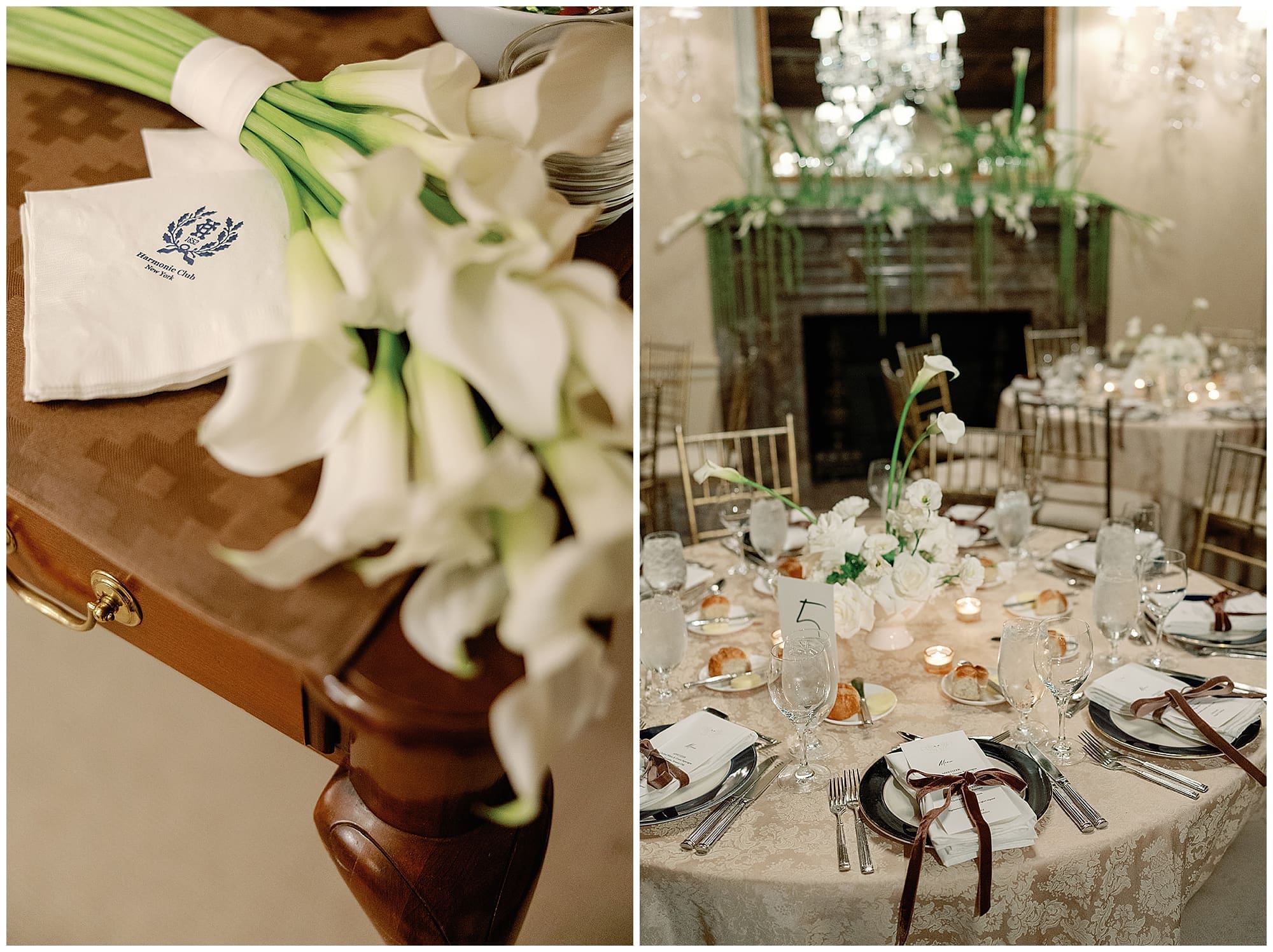A two-image collage of wedding detail shots from this Harmonie Club NYC wedding. A close-up of white calla lily wedding florals and a monogrammed napkin is paired with a view of the elegantly set reception tables near the marble fireplace, styled by a New York City wedding florist.