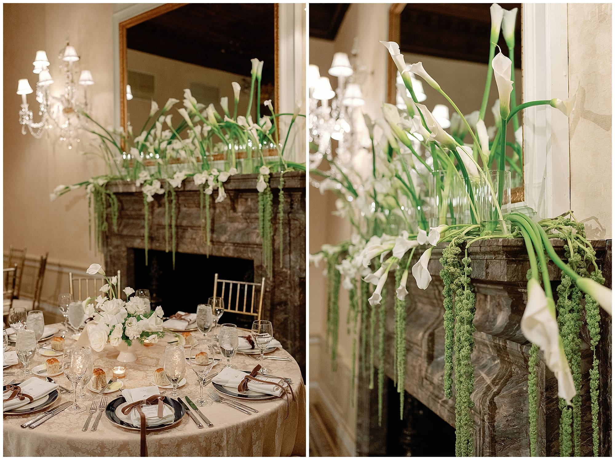 A two-image collage of the dramatic tall floral centerpieces at this Harmonie Club Manhattan wedding. White calla lilies and long green stems stretch upward in sculptural arrangements crafted by a NYC wedding florist, set against the club's warm chandeliers and fireplace.