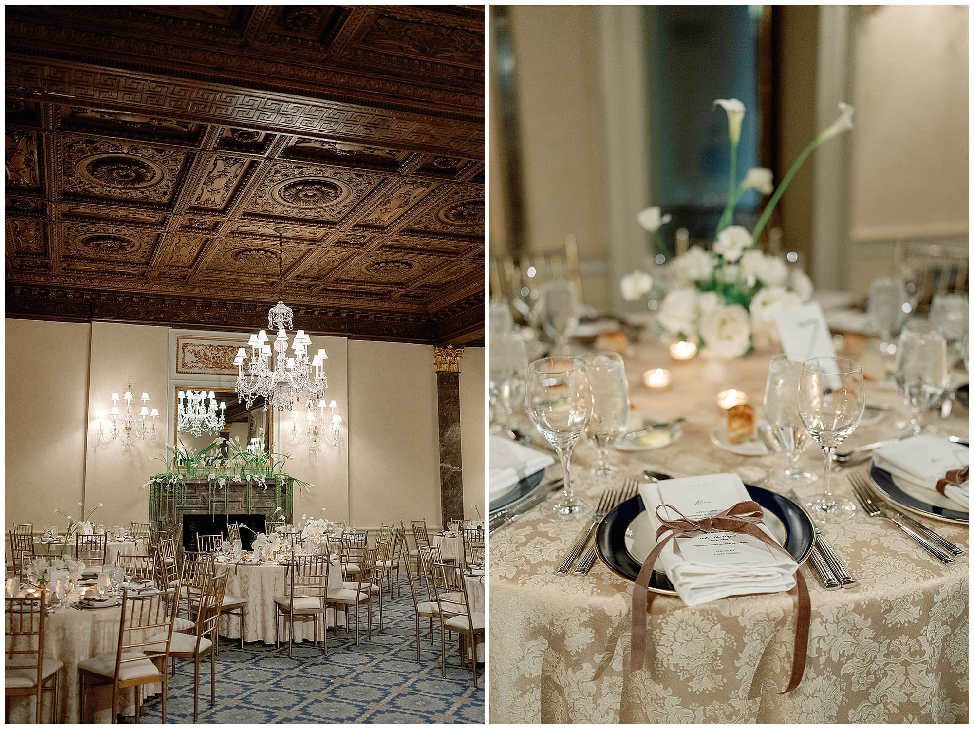 A two-image collage of the reception room at the Harmonie Club in New York City. The grand ballroom features an ornate coffered ceiling, crystal chandeliers, and round tables dressed with towering white wedding floral centerpieces, capturing the timeless elegance of this Manhattan wedding venue.