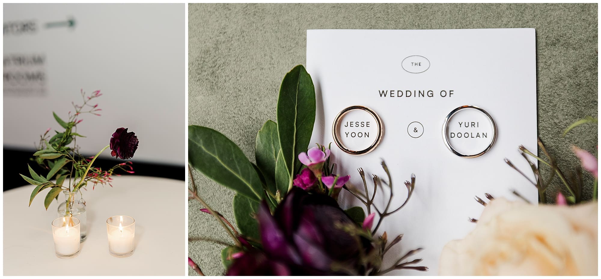 A two-image collage featuring the wedding signage and florals from this Ace Hotel Brooklyn, NYC wedding. A modern circular "Wedding of" sign sits beside a lush arrangement of deep purple, burgundy, and green wedding florals from their New York wedding florist.