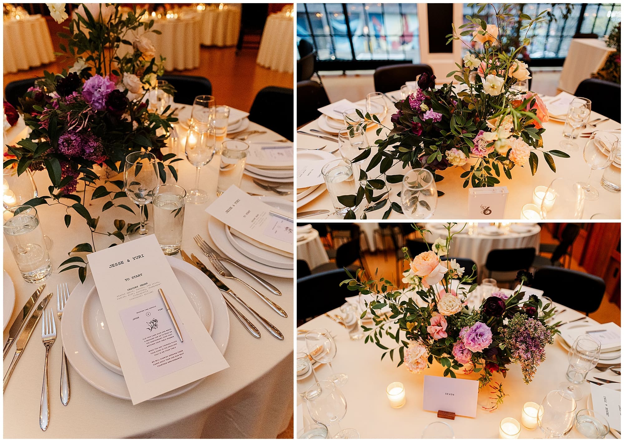A wide and detail shot of the reception tables at Ace Hotel Brooklyn, NYC, adorned with abundant wedding florals in shades of purple, plum, and green. Place settings, folded menus, and candlelight complete the elegantly styled New York wedding tablescape.