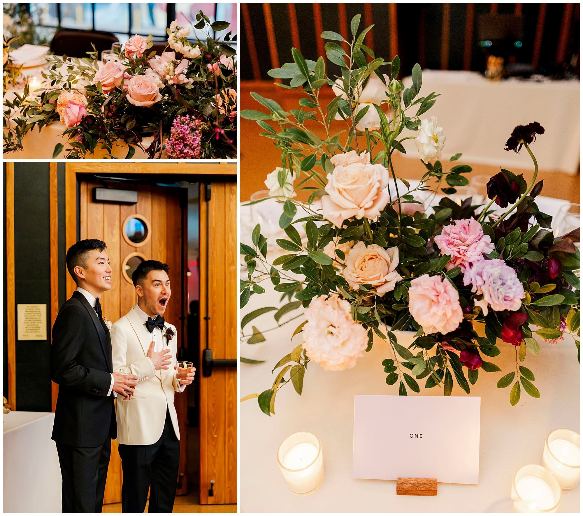 A collage of close-up detail shots of the pink and blush wedding florals created by their NYC wedding florist, alongside a portrait of the two grooms standing together near a floral-covered table at Ace Hotel Brooklyn.
