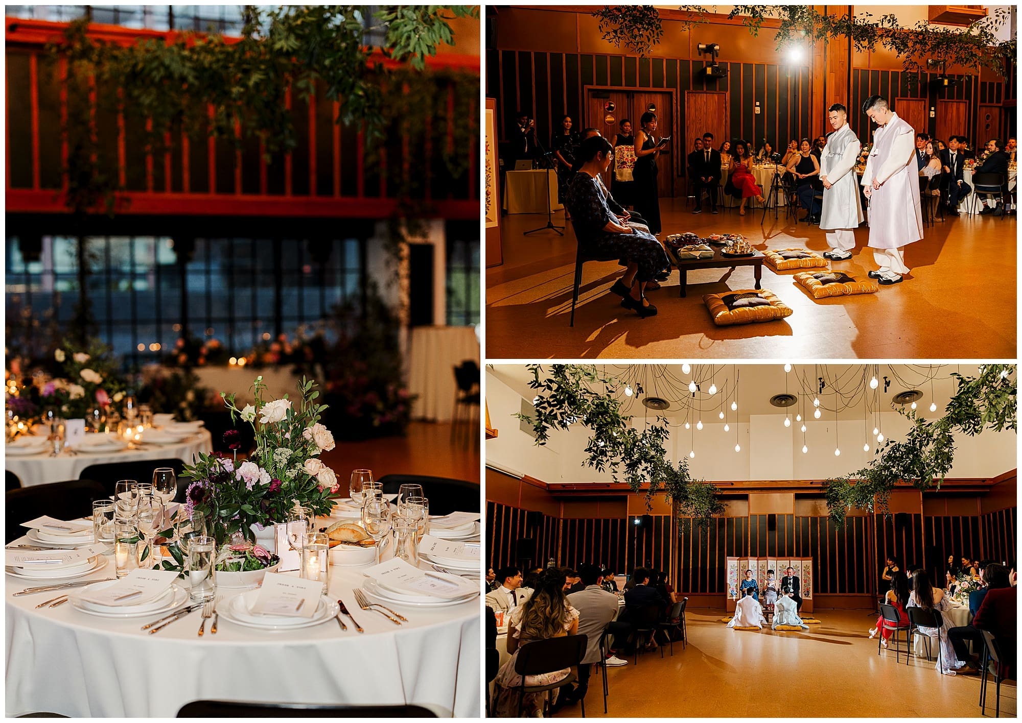 A collage showing the reception venue at Ace Hotel Brooklyn, New York. One frame captures the full room with white-linened tables and string lights, and the other shows the two grooms together in the warmly lit space surrounded by lush wedding florals.