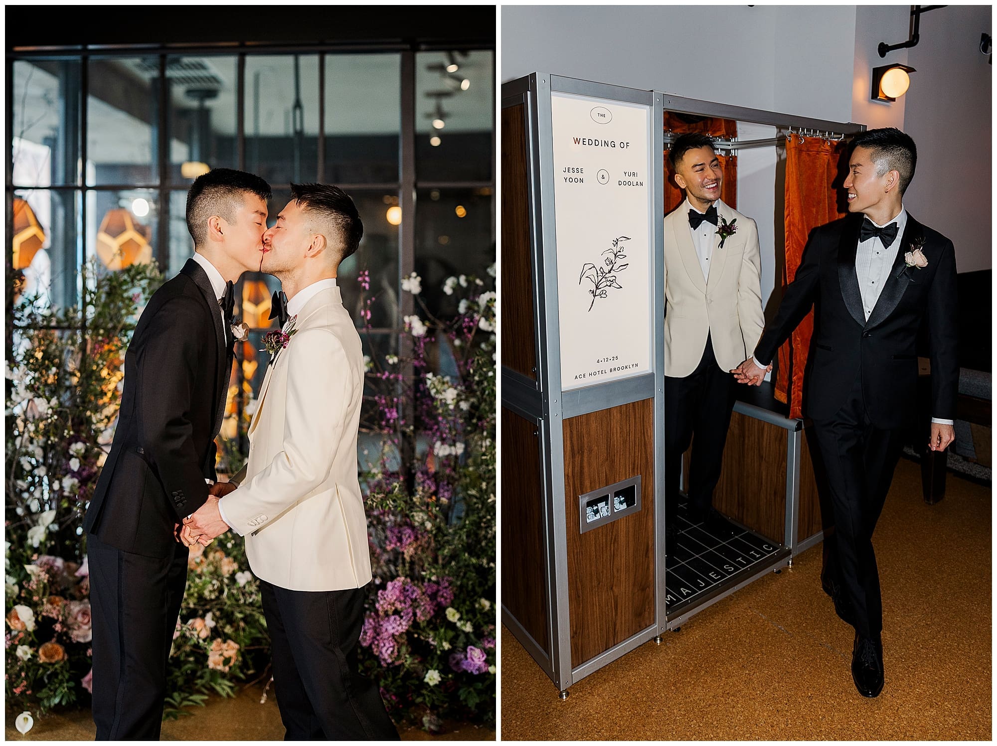The two grooms share a kiss by their arch at Ace Hotel Brooklyn, NYC, surrounded by a stunning installation of colorful wedding florals in pink, purple, and burgundy, crafted by their New York wedding florist. One groom wears a white tuxedo jacket and the other a classic black tuxedo.