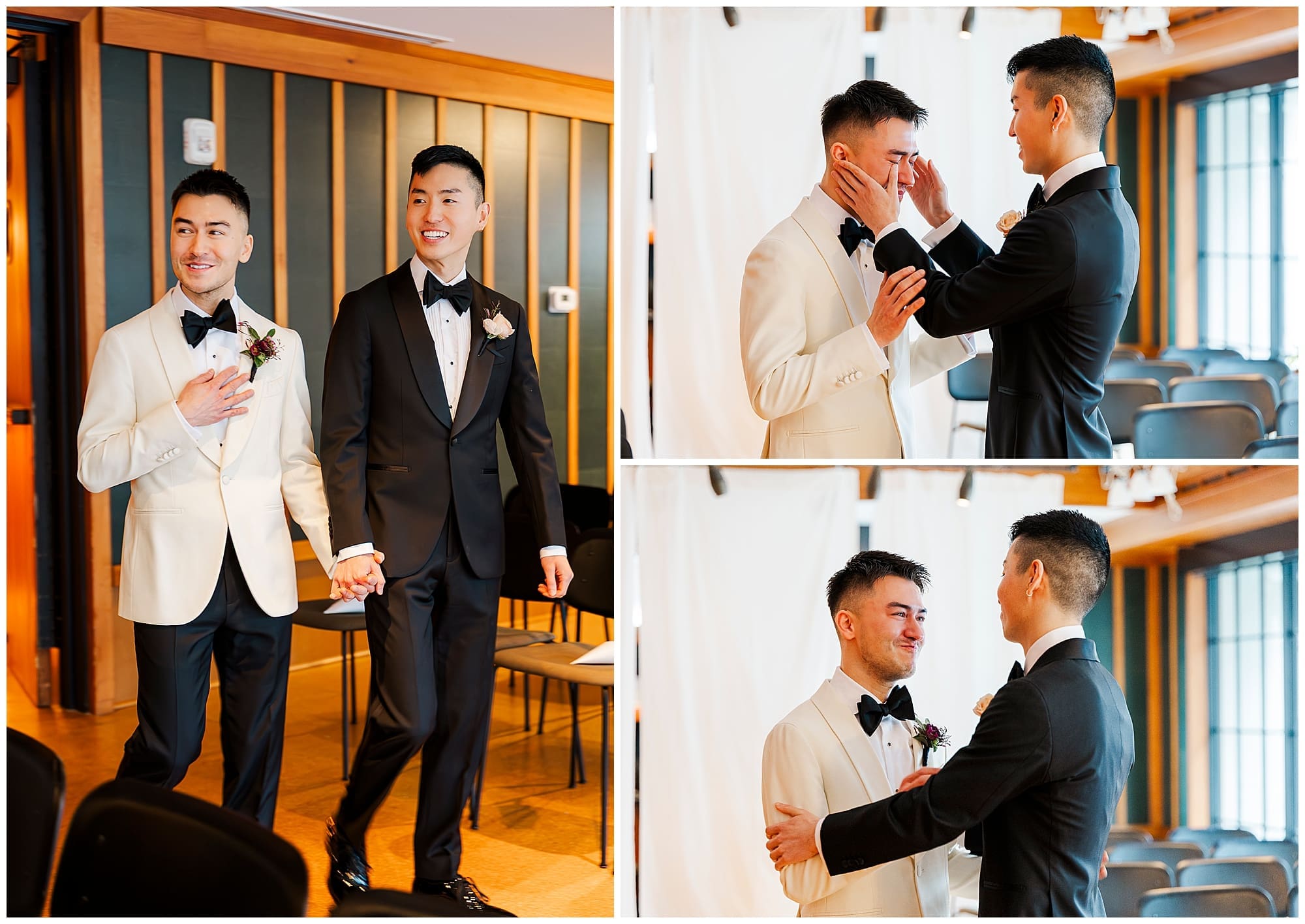 A three-image collage of groom portraits seeing their ceremony space for the first time at Ace Hotel Brooklyn, New York. One groom wipes the other's tears, and full-length portraits show both grooms styled elegantly for their NYC wedding day.