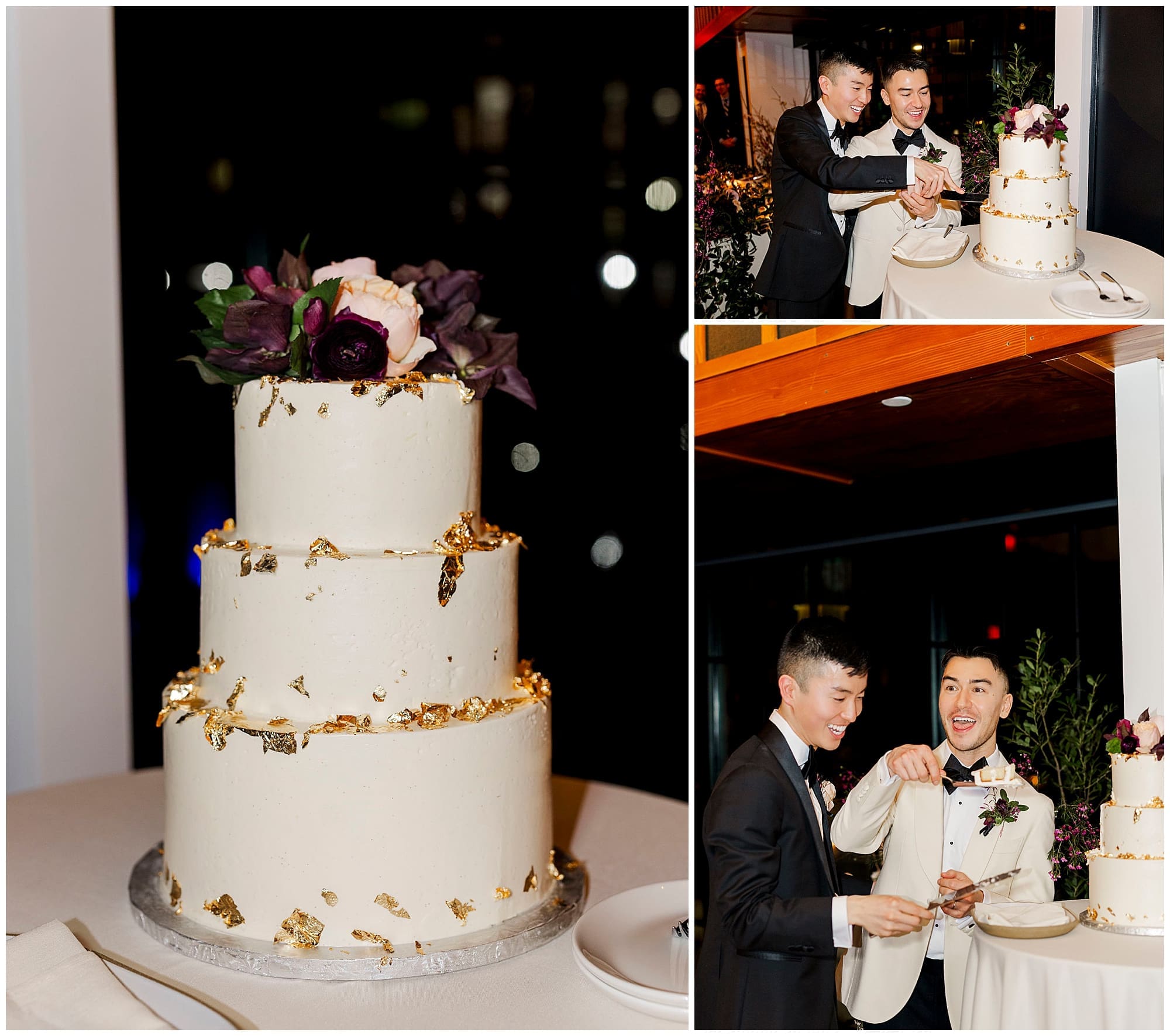 A collage featuring the wedding cake at this Ace Hotel Brooklyn, NYC wedding. A multi-tiered white cake with gold floral details is shown alongside a portrait of the two grooms cutting the cake together.