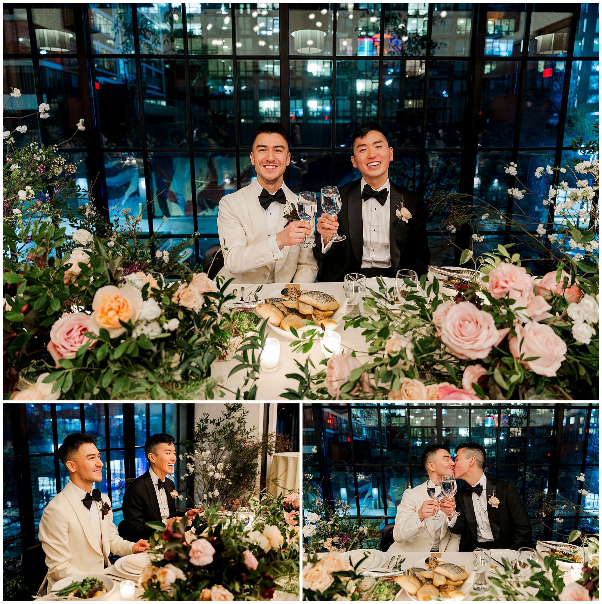 A two-image collage of the two grooms toasting at their reception at Ace Hotel Brooklyn, surrounded by lush wedding florals cascading across the table. New York wedding florals in pink, blush, and greenery fill the foreground as the couple celebrates.
