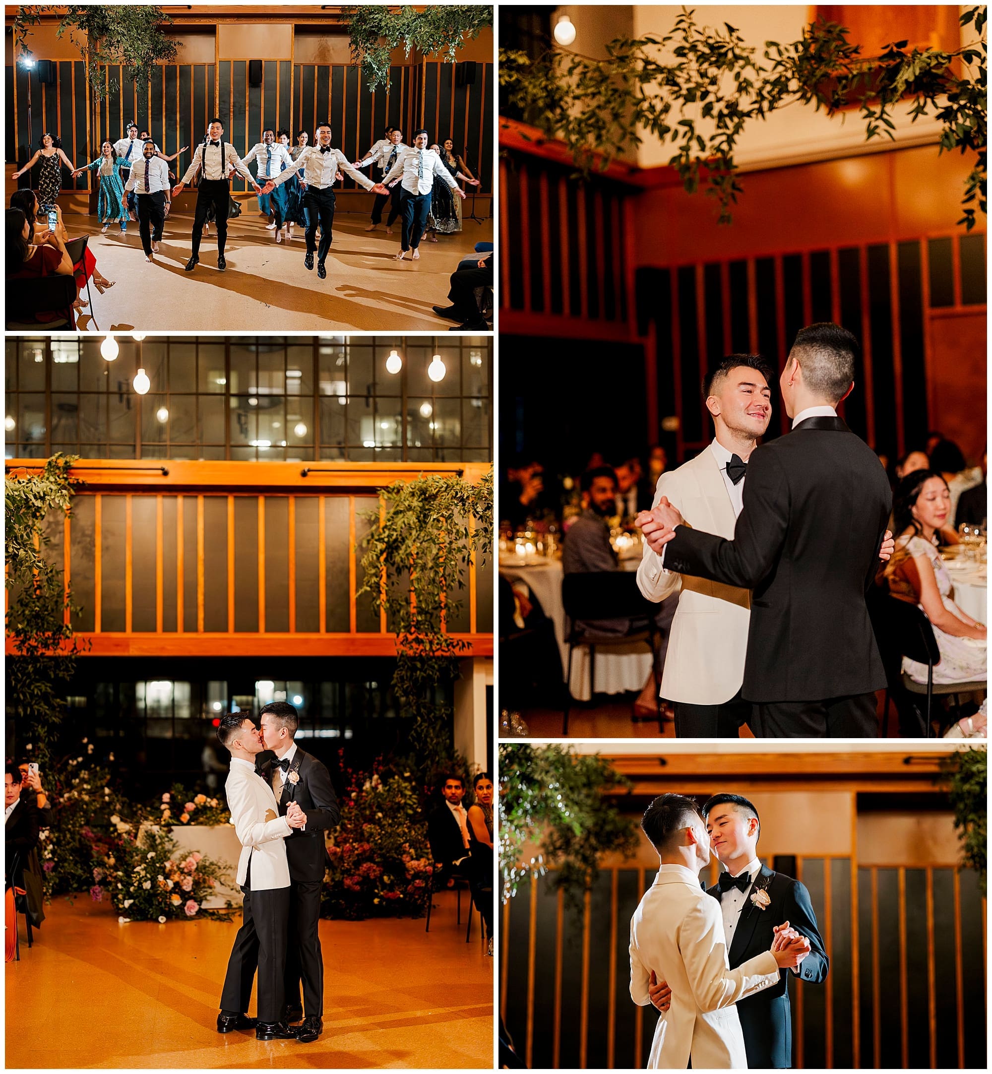 A four-image collage of candid reception moments at Ace Hotel Brooklyn, NYC. Guests mingle and dance in the warmly lit venue while the couple celebrates on the dance floor, surrounded by lush New York wedding florals and festive lighting.