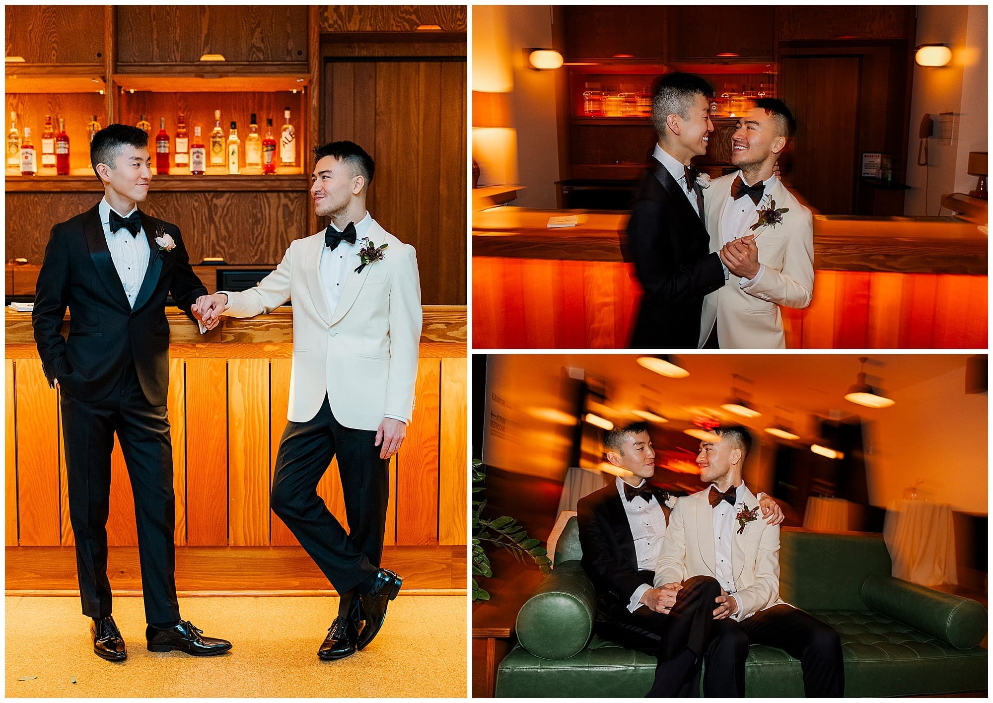 A three-image collage of groom portraits at Ace Hotel Brooklyn, New York. The two grooms pose in a rich, wood-paneled lounge and bar area, capturing intimate and candid moments on their NYC wedding day.