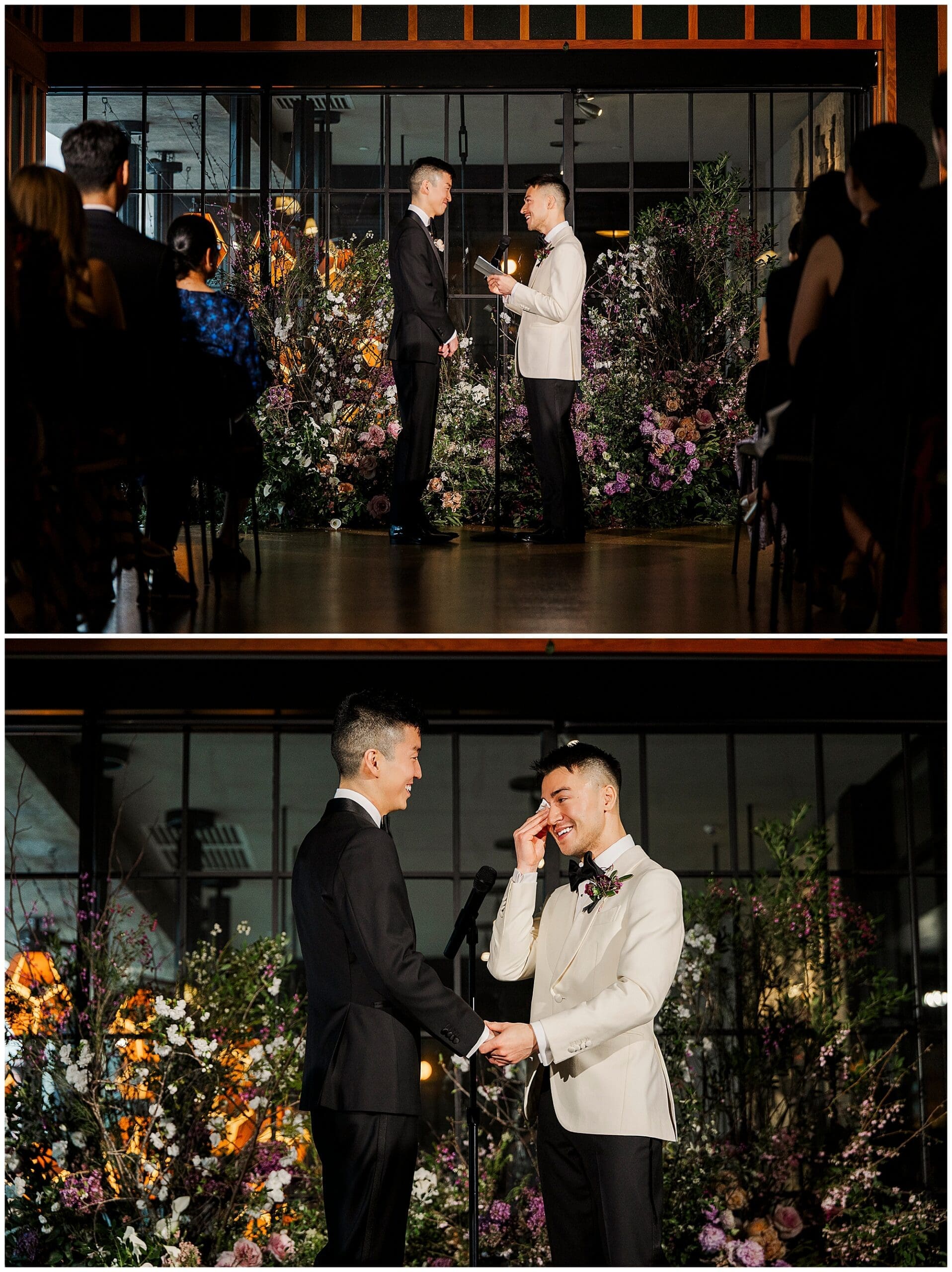 A two-image collage showing one groom in a white tuxedo jacket standing beside a dramatic floral installation at Ace Hotel Brooklyn, NYC. The lush, trailing wedding florals from their New York wedding florist frame the moment beautifully.