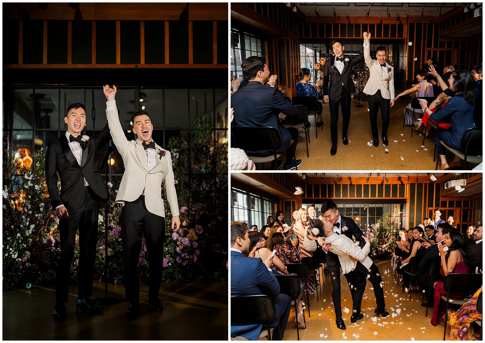 A three-image collage capturing the joyful grand exit from ceremony at Ace Hotel Brooklyn, New York. Rose petals fill the air as guests cheer, and the two grooms celebrate surrounded by wedding florals and the energy of their NYC wedding night.