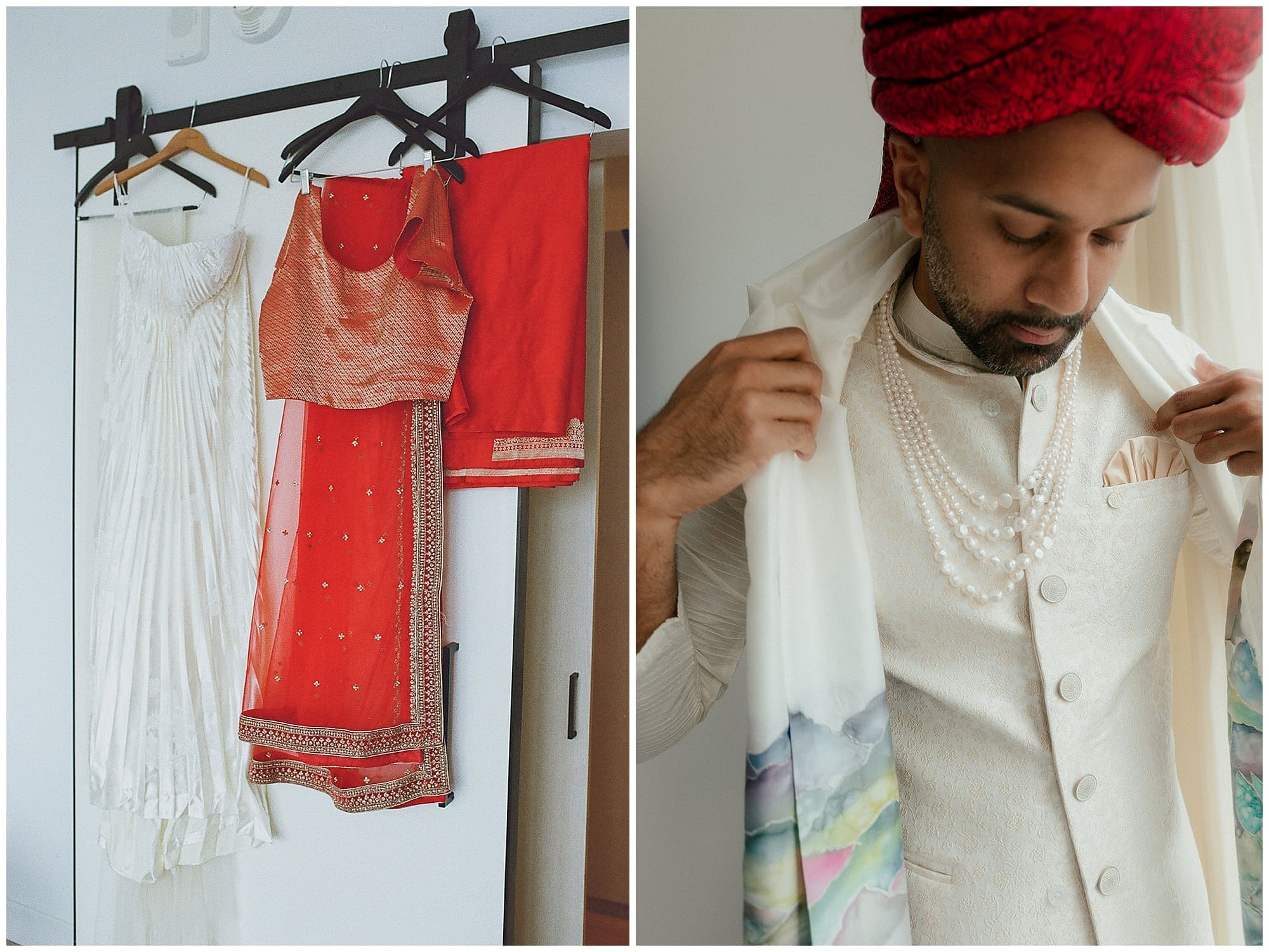 A two-image collage of getting-ready moments at this Virgin Hotels NYC wedding. The bride's red and gold lehenga hangs alongside white wedding attire, while the groom adjusts his white sherwani and red turban ahead of the Manhattan ceremony.