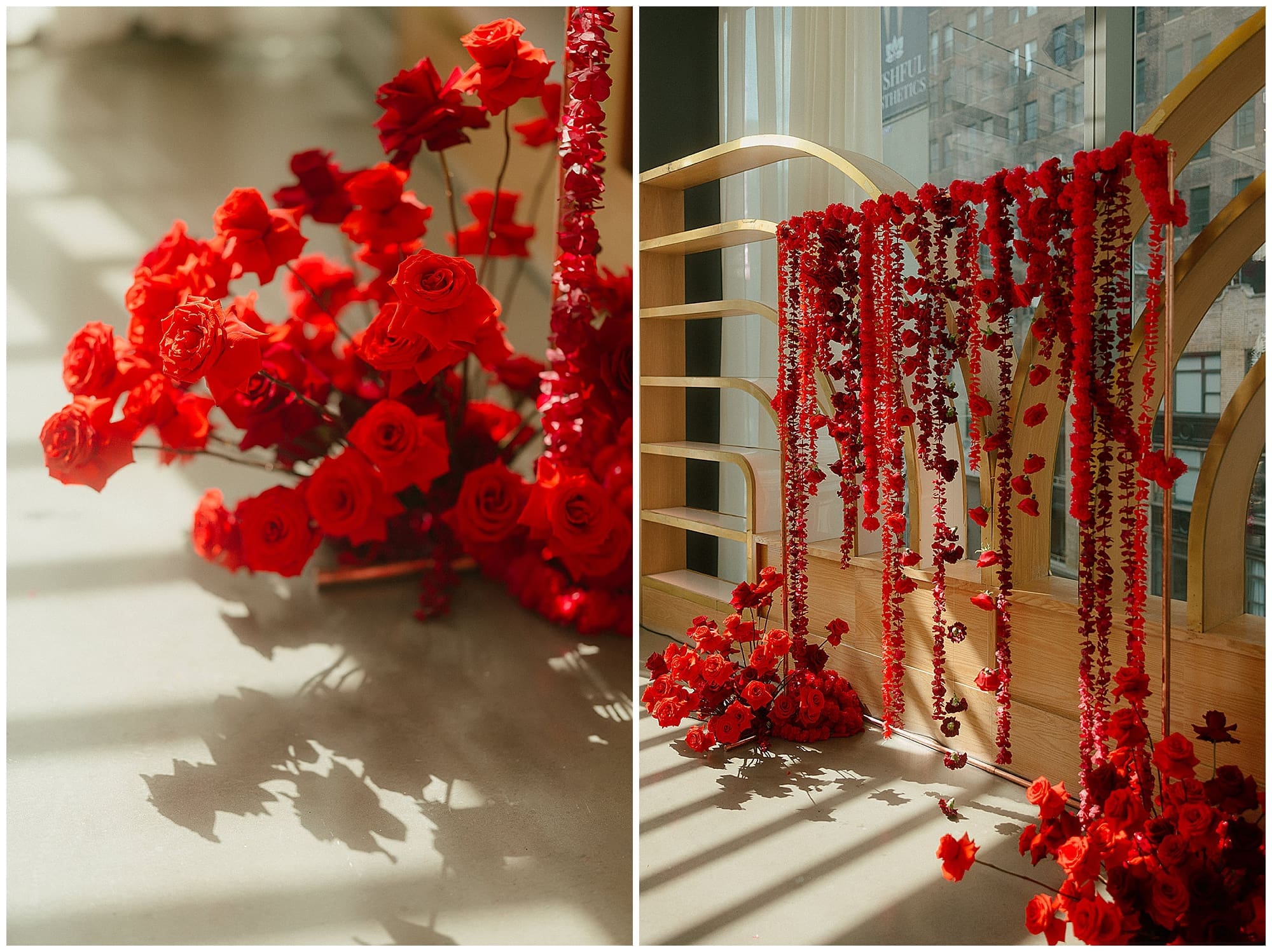 A two-image collage of close-up details from the mandap installation at this Virgin Hotels NYC wedding. Cascading red floral strings and beaded garlands catch the light beautifully, crafted by a New York City wedding florist for this Manhattan Hindu wedding ceremony.