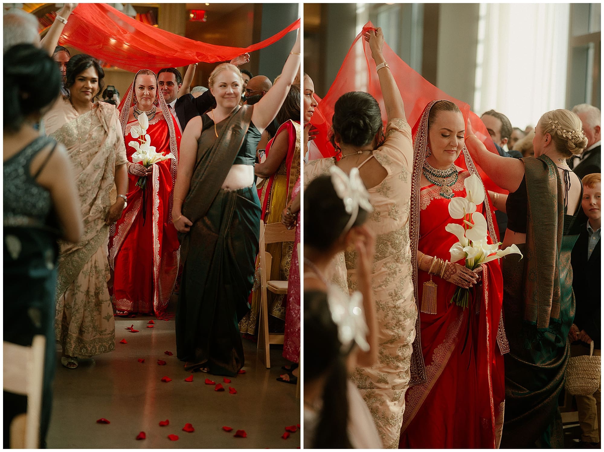 A two-image collage of processional moments at this Virgin Hotels NYC wedding in Manhattan. The bride makes her entrance draped in a flowing red dupatta, escorted down the aisle through the ceremony space decorated with rich red wedding florals.