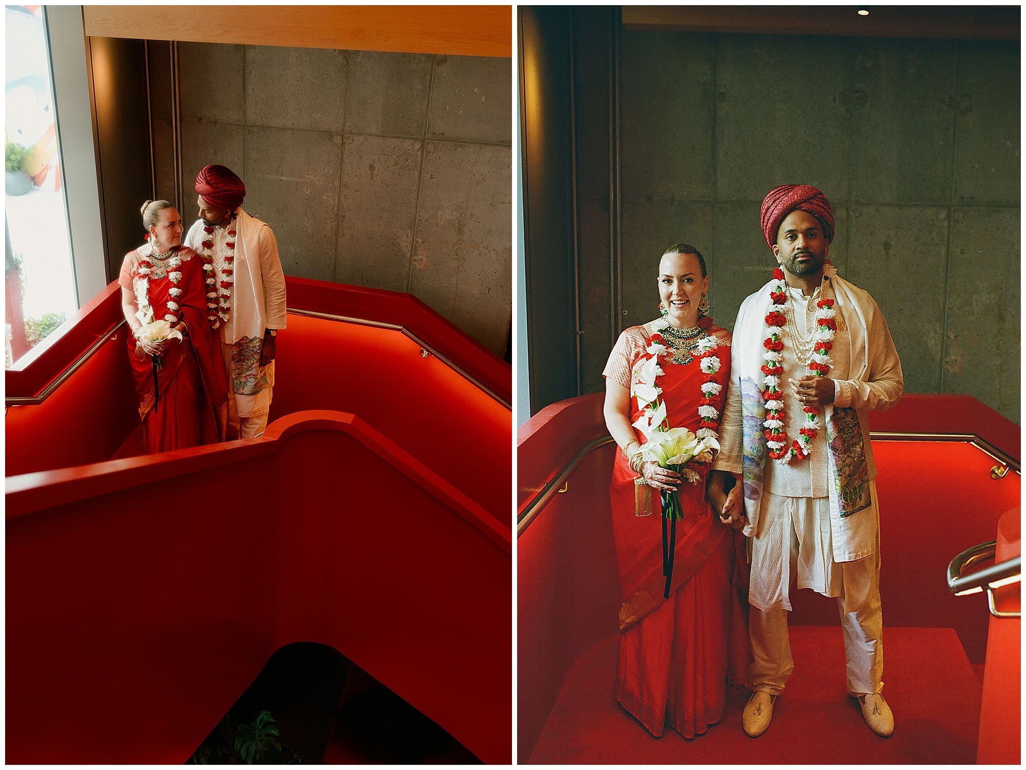 A two-image collage of the couple on the striking red staircase at Virgin Hotels NYC in Manhattan. The geometric red stairwell creates a bold and editorial backdrop for these New York City wedding portraits.