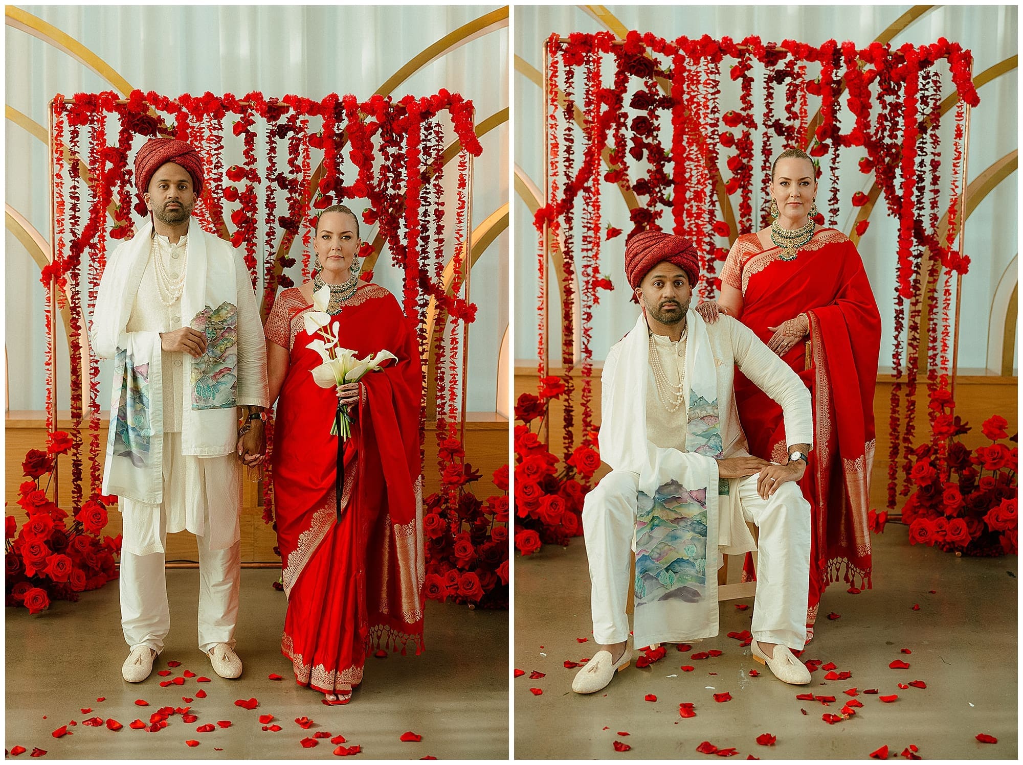A two-image collage of the Hindu ceremony at Virgin Hotels NYC. The bride and groom are seated together beneath the mandap, which is adorned with cascading red floral garlands and beaded strings, as rituals unfold at this Manhattan wedding.