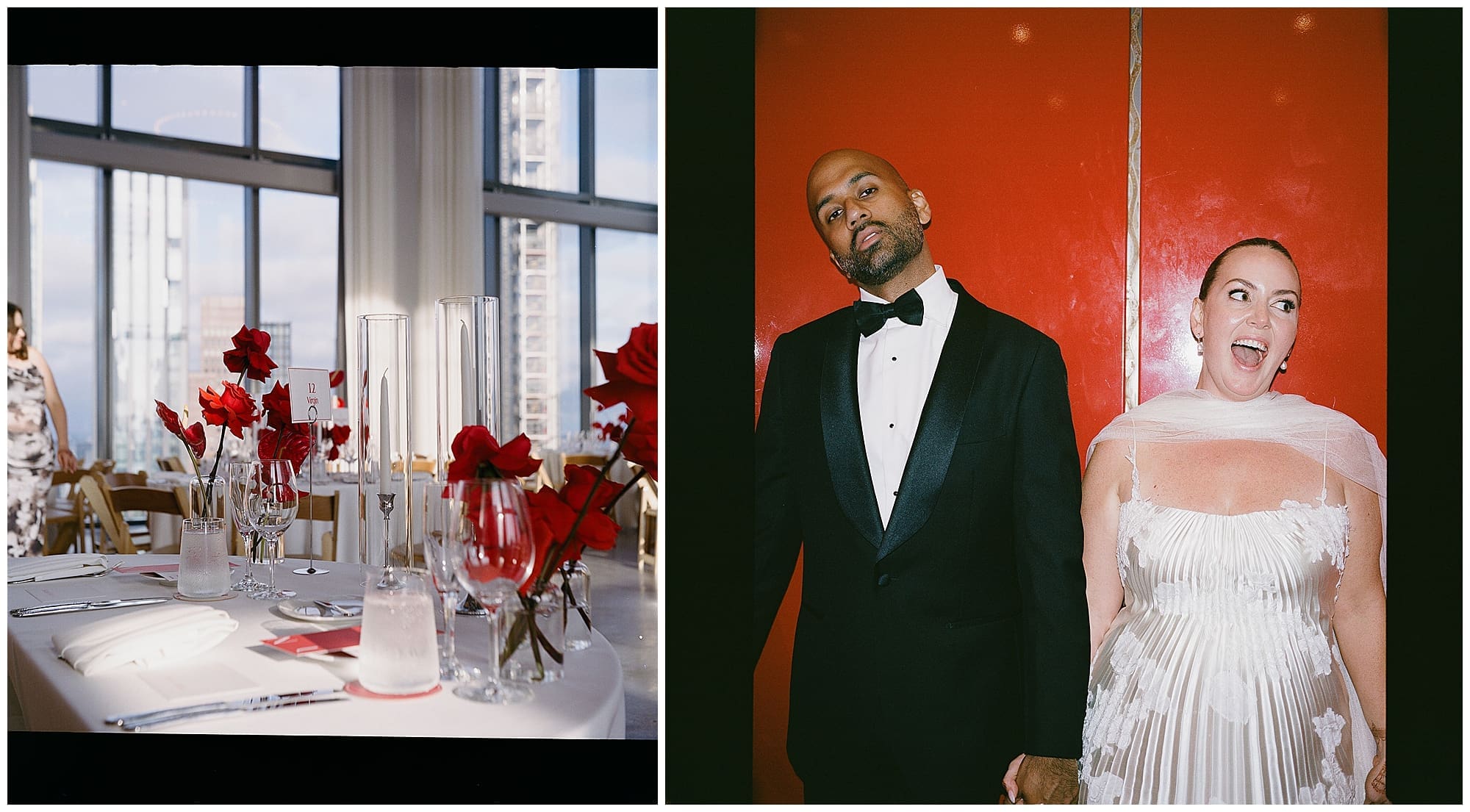 A two-image collage from this Virgin Hotels NYC wedding in Manhattan. A styled reception table features tall red floral centerpieces, and a portrait of the couple together, the groom in a black tuxedo and the bride in a white dress, is set against a richly colored orange and red wall.