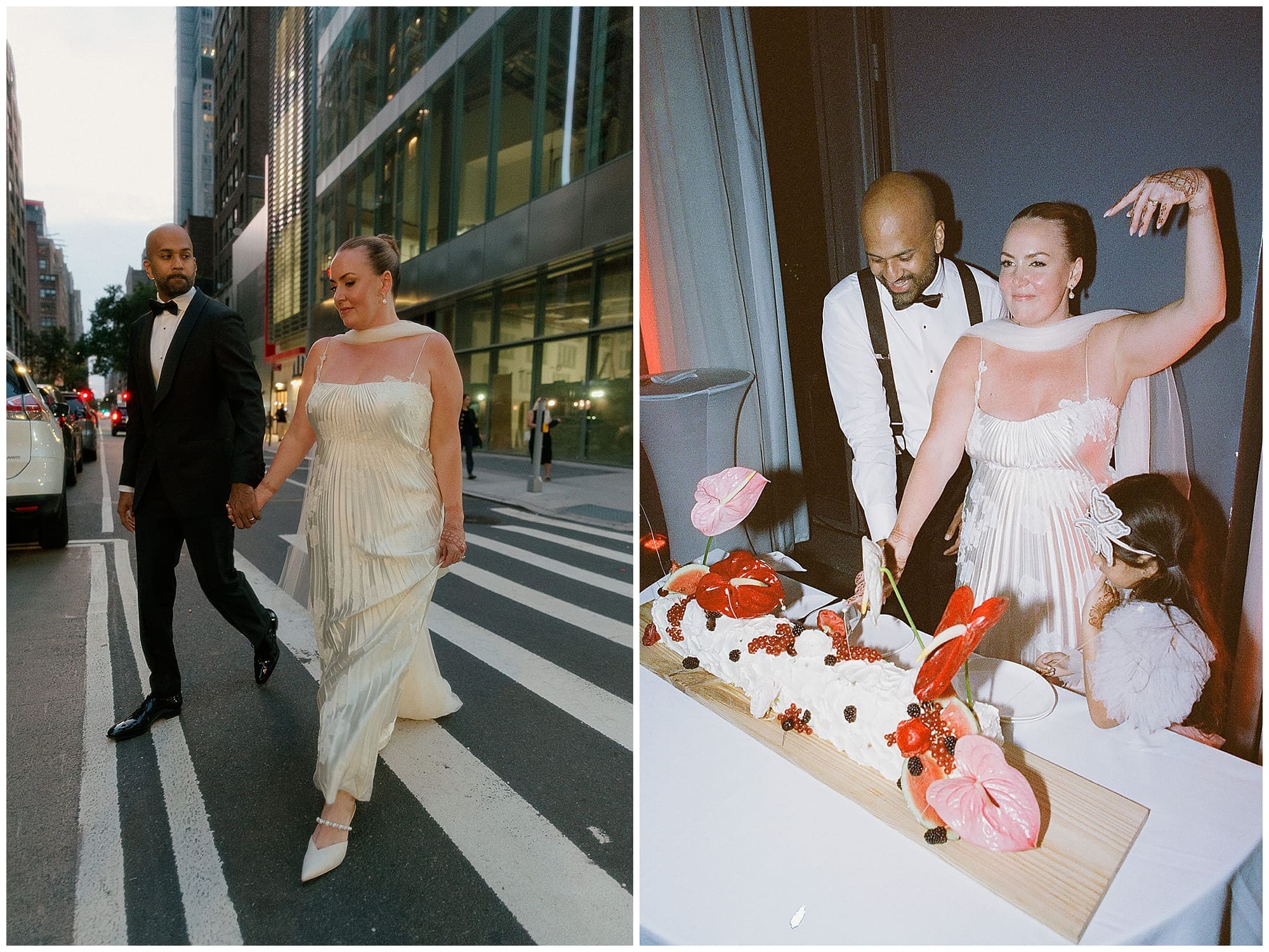 A two-image collage of candid New York City wedding moments from this Virgin Hotels NYC celebration. The couple crosses a Manhattan street crosswalk together, and a joyful cake-cutting moment with a young child captures the warmth of the day.