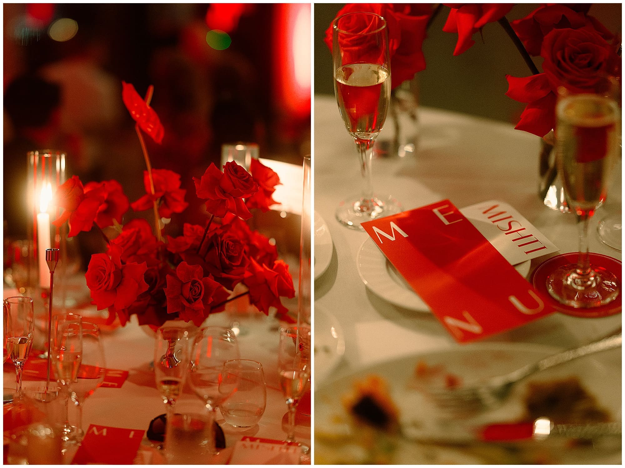 A two-image collage of moody reception detail shots from this Virgin Hotels NYC wedding. Deep red roses, taper candles, and richly styled stationery and glassware reflect the bold and dramatic aesthetic of this New York City wedding.