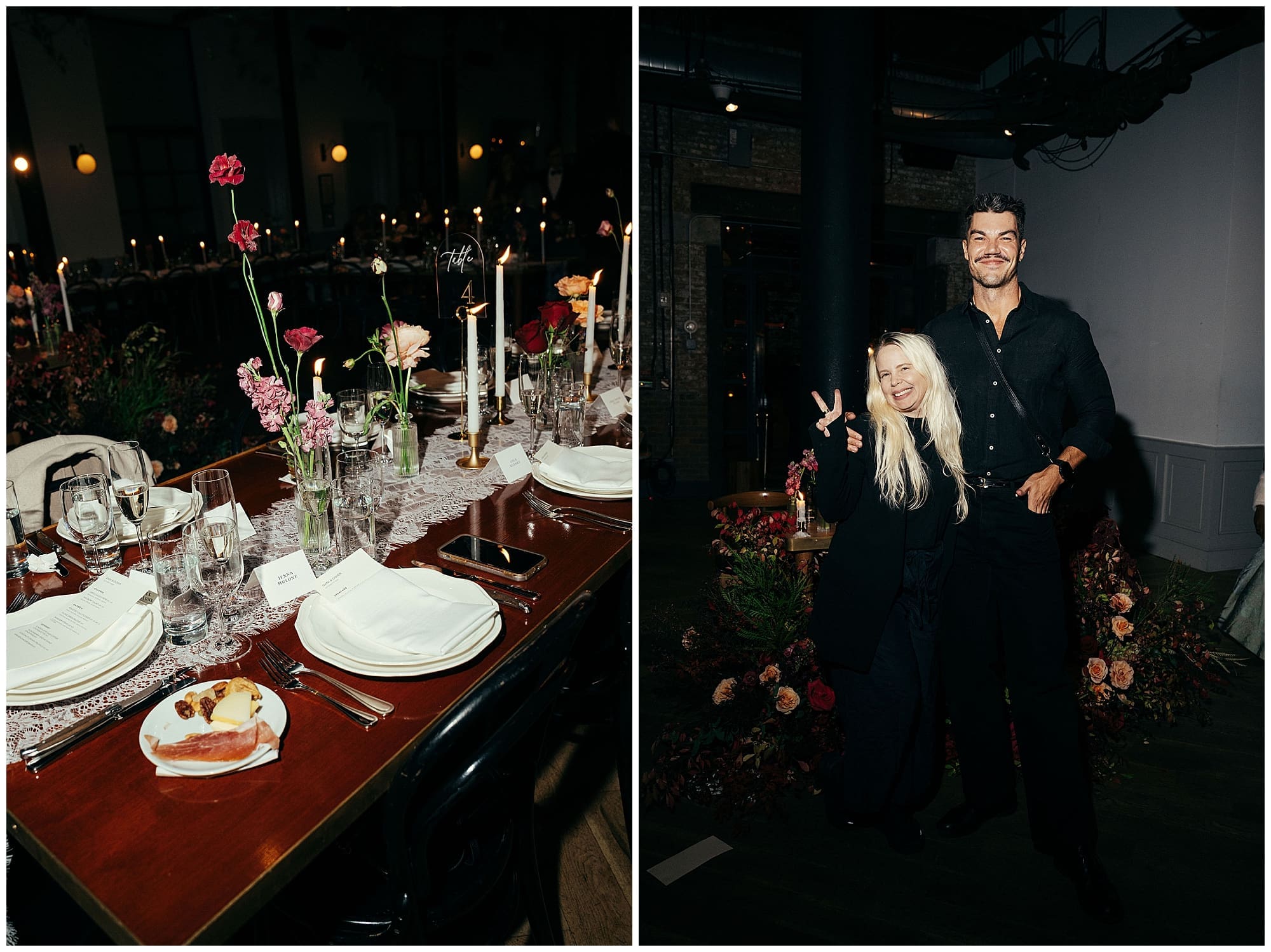 A two-image collage showing the reception space at the Wythe Hotel in Brooklyn alongside a portrait of the wedding coordinator in black overseeing the beautifully styled New York City wedding venue.