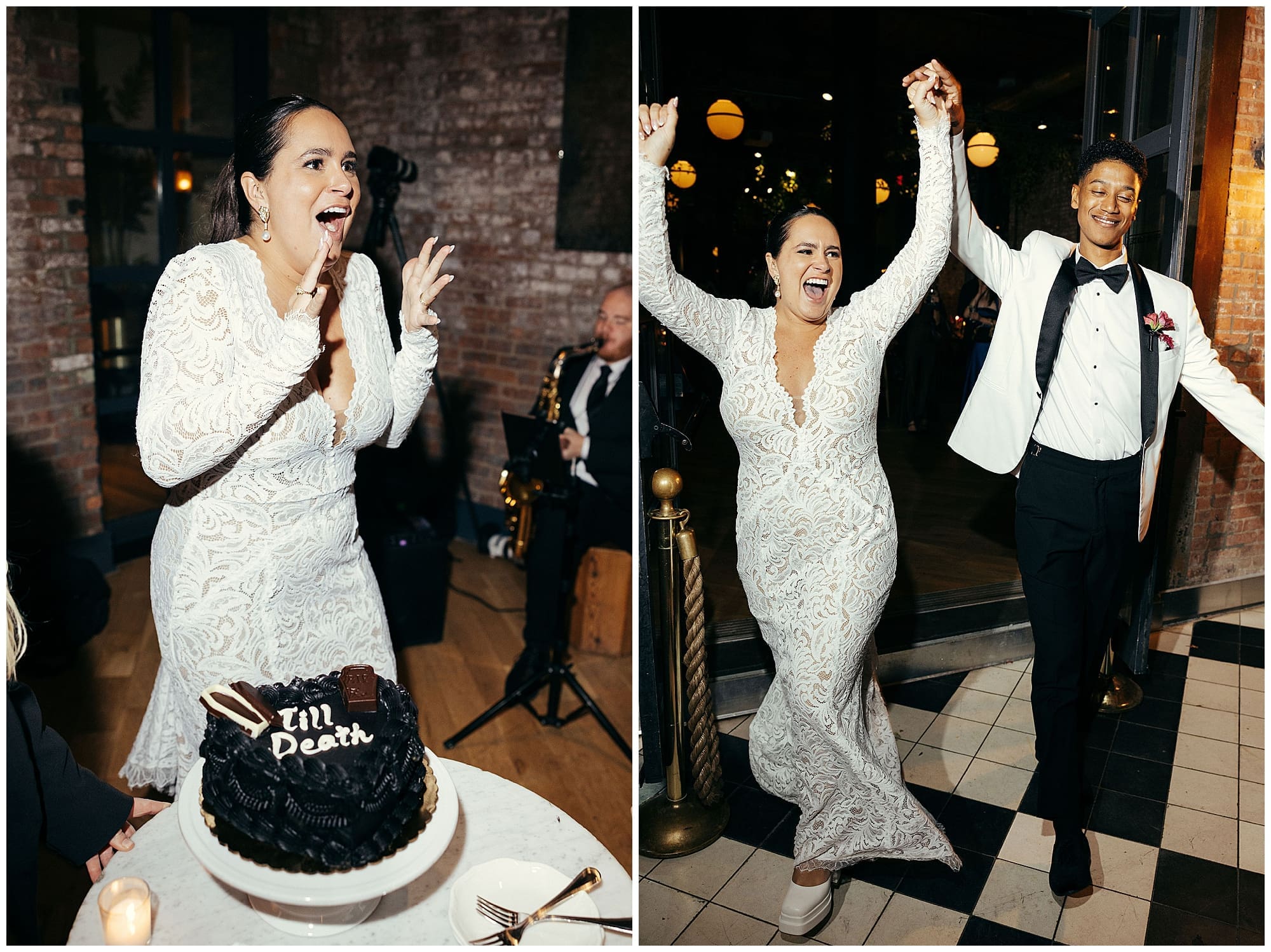 A two-image collage capturing the couple's joyful celebration at the Wythe Hotel Brooklyn reception. The couple raises their arms in excitement on the dance floor, surrounded by cheering guests, as the energy of their New York City wedding night fills the room.