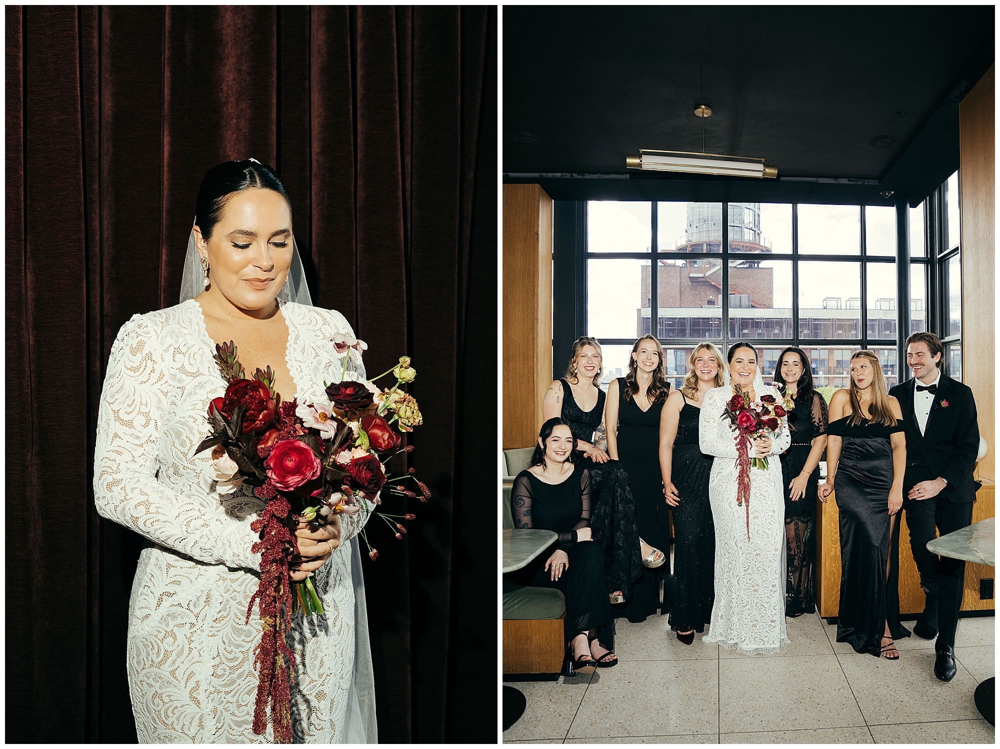 A two-image collage from this Wythe Hotel Brooklyn wedding. The bride holds a dramatic cascading bouquet of deep red, burgundy, and blush wedding florals, alongside a group portrait of the couple with the full wedding party in a light-filled space.