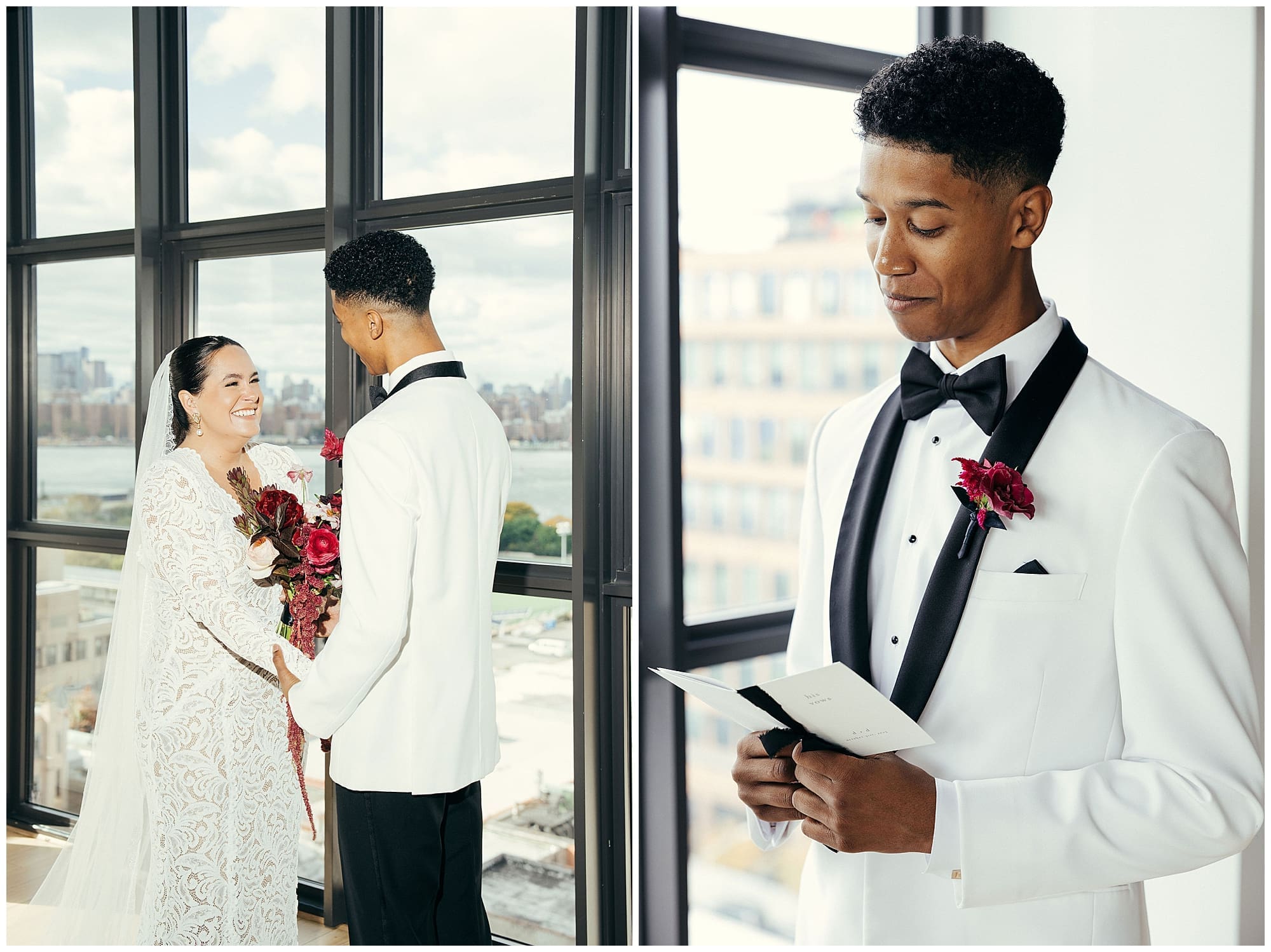 The groom stands near large industrial windows at the Wythe Hotel Brooklyn, dressed in a white tuxedo with black lapels, reading from his vows before the ceremony on his New York City wedding day.