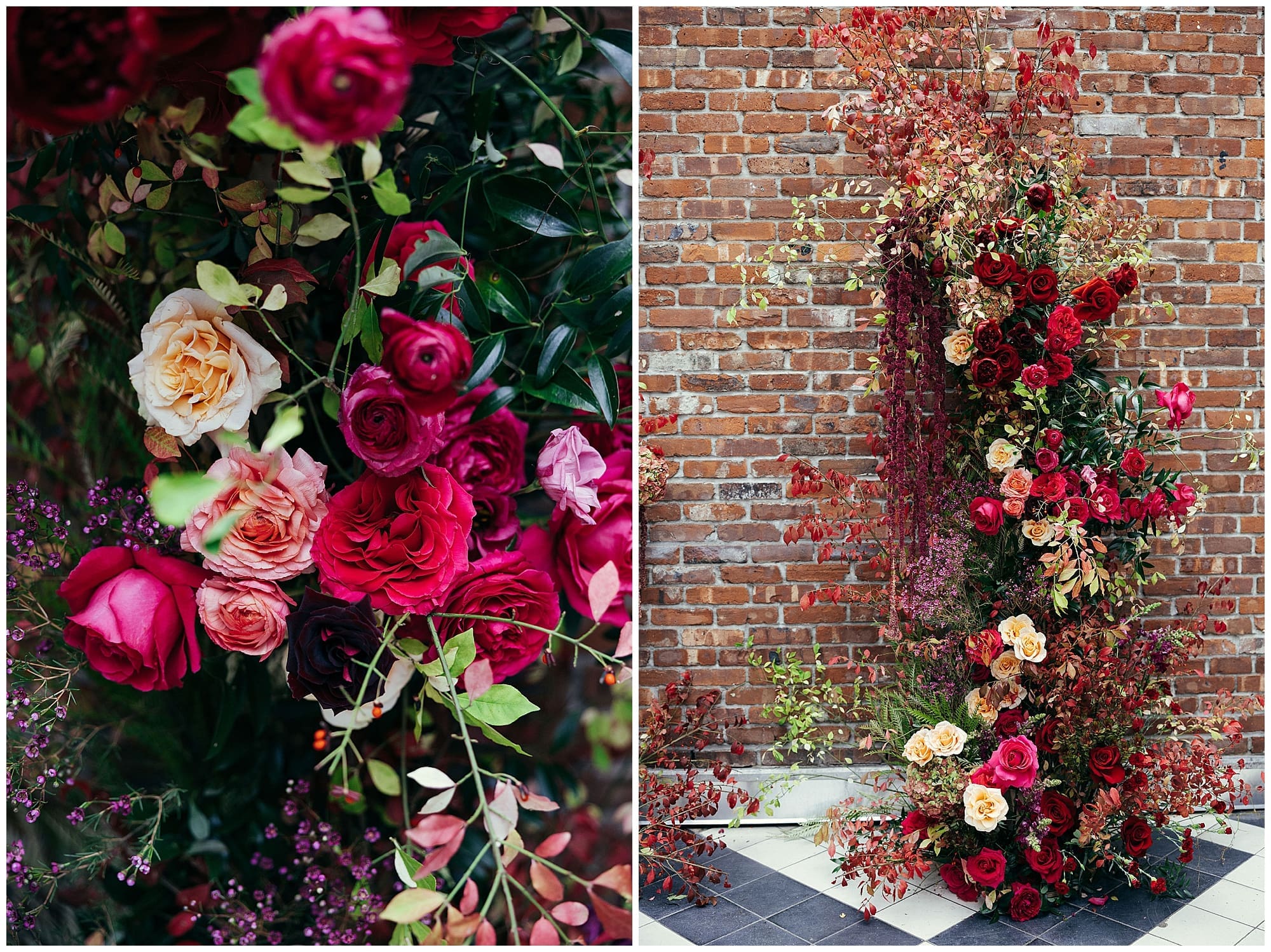 A two-image collage of close-up floral detail shots from this Wythe Hotel Brooklyn wedding. Rich deep red roses, burgundy blooms, and blush and peach petals fill the frame, showcasing the work of the couple's NYC wedding florist.
