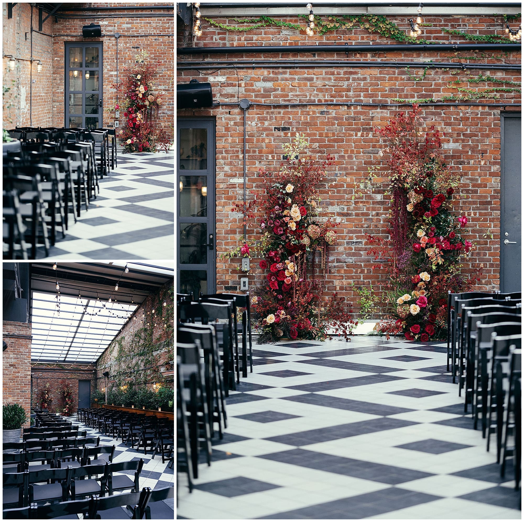 The ceremony space at the Wythe Hotel Brooklyn is shown with rows of chairs arranged on the iconic black and white checkered floor, facing a dramatic floral arch installation of deep red and burgundy wedding florals against the exposed brick wall.