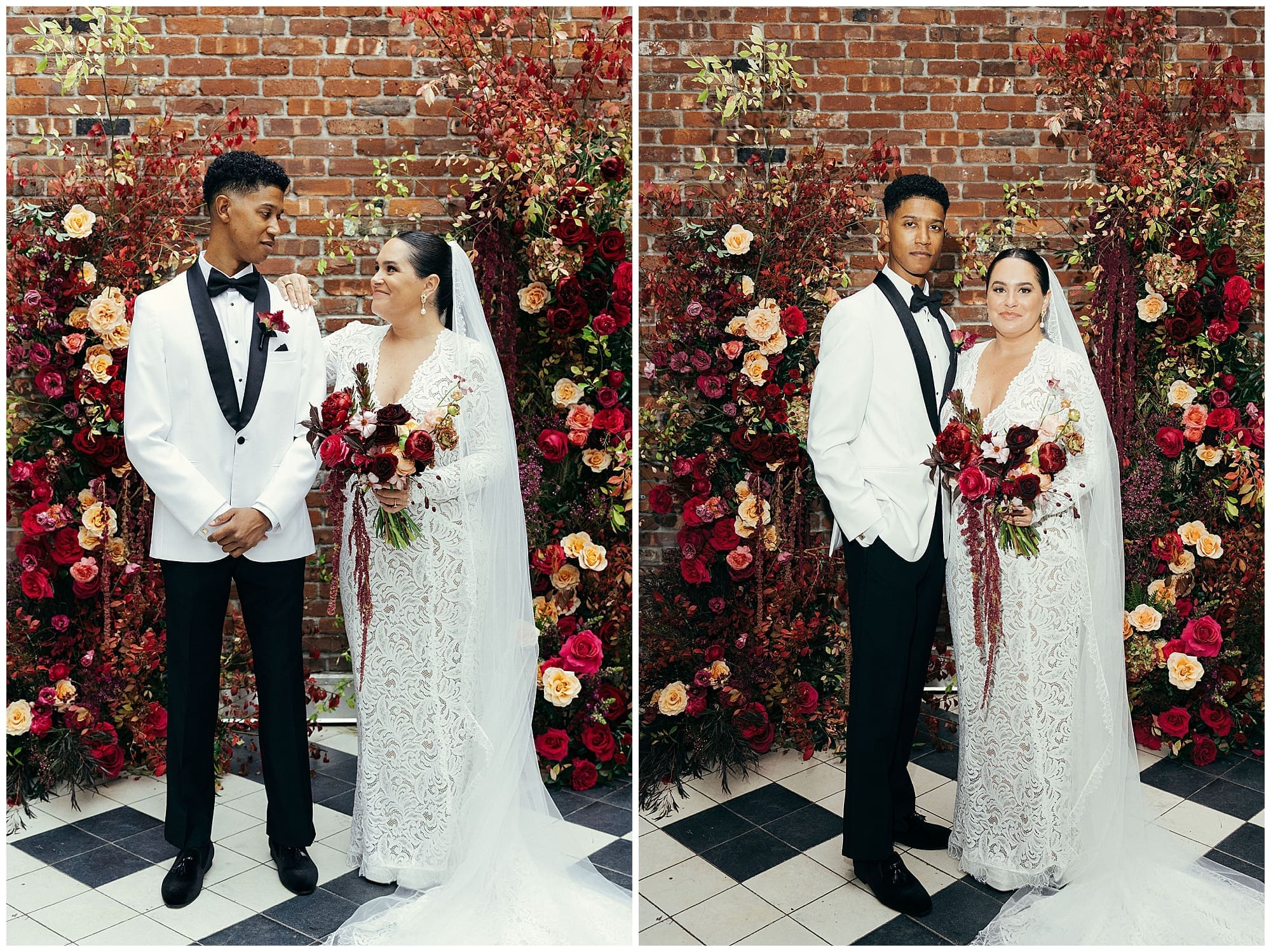A two-image collage of bride and groom portraits in front of the dramatic wedding floral installation at the Wythe Hotel Brooklyn. The lush wall of deep red, burgundy, and blush blooms from their NYC wedding florist creates a stunning backdrop against the exposed brick.