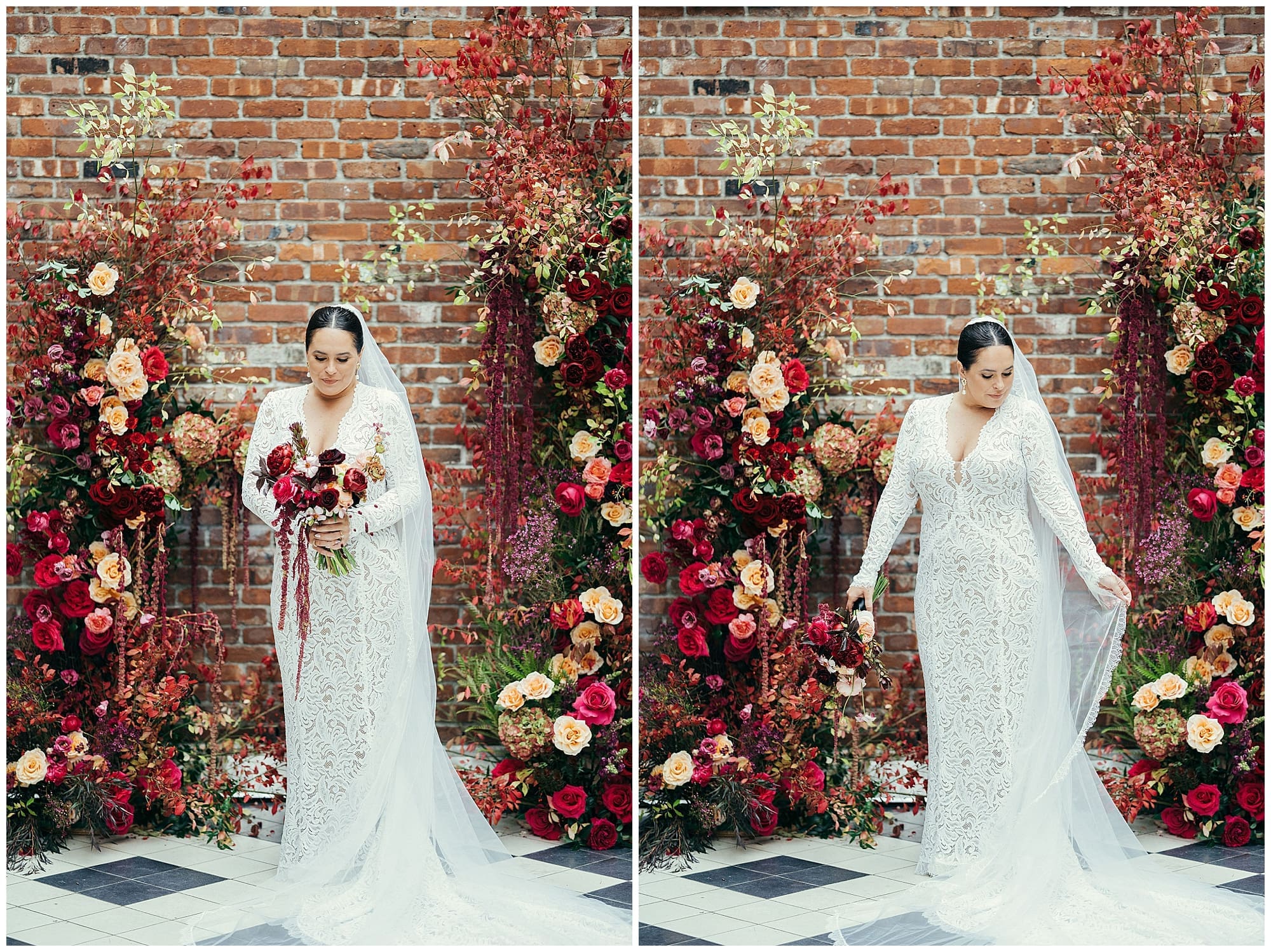 A two-image collage of the couple in front of the dramatic wedding floral wall installation at the Wythe Hotel Brooklyn, NYC. The bride's cascading bouquet of deep reds and burgundy complements the lush backdrop created by their wedding florist.