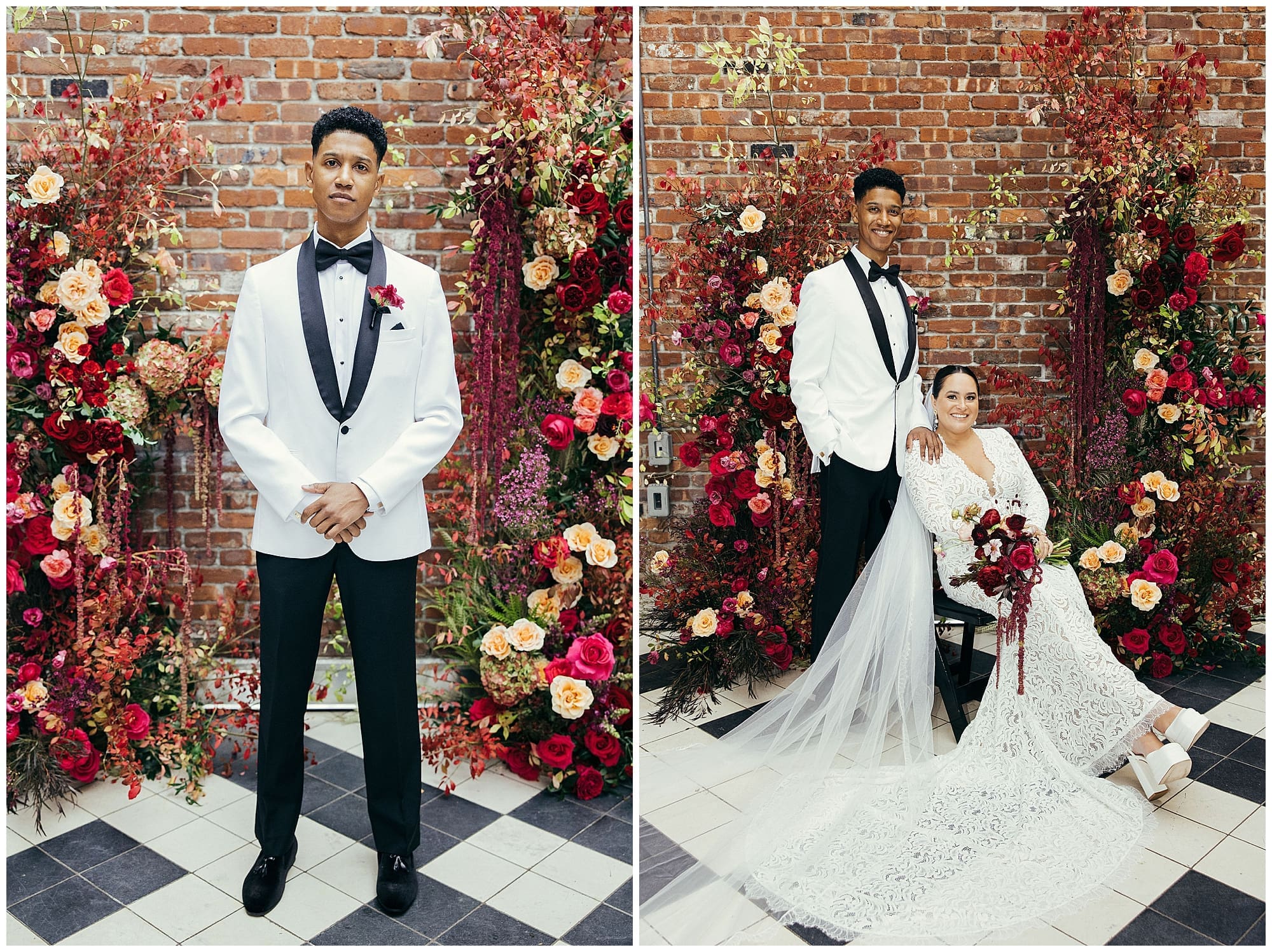 A two-image collage of the bride and groom posing against the exposed brick wall at the Wythe Hotel in Brooklyn, New York, framed by the stunning deep red and burgundy wedding floral installation crafted by their NYC wedding florist.