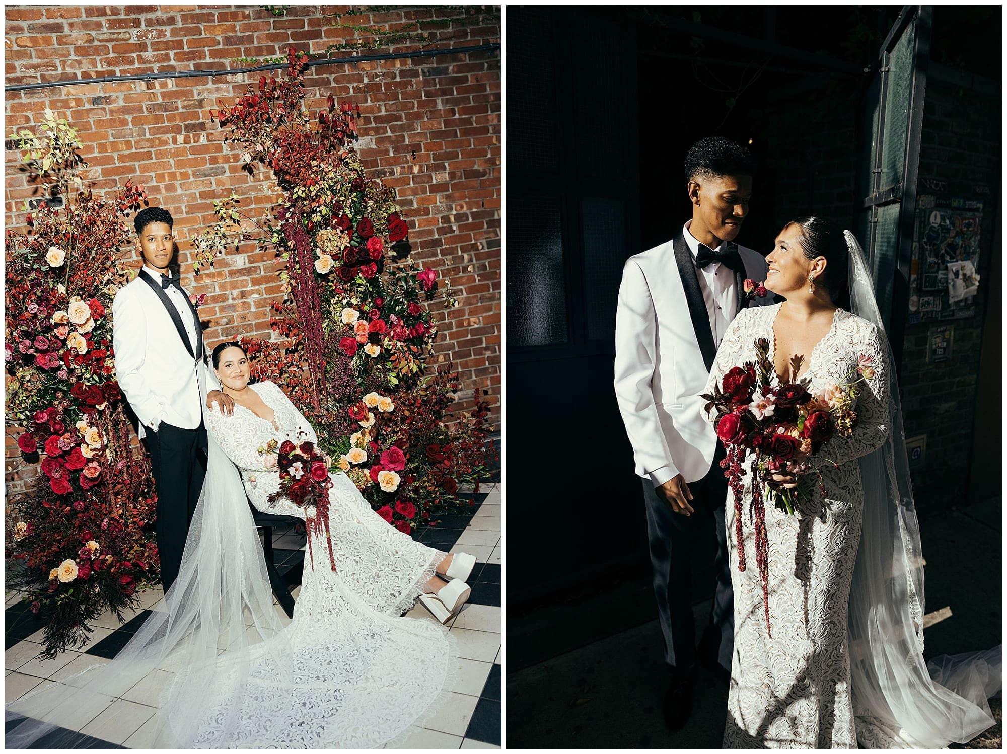 A two-image collage of the bride and groom posing against the exposed brick wall at the Wythe Hotel in Brooklyn, New York, framed by the stunning deep red and burgundy wedding floral installation crafted by their NYC wedding florist.
