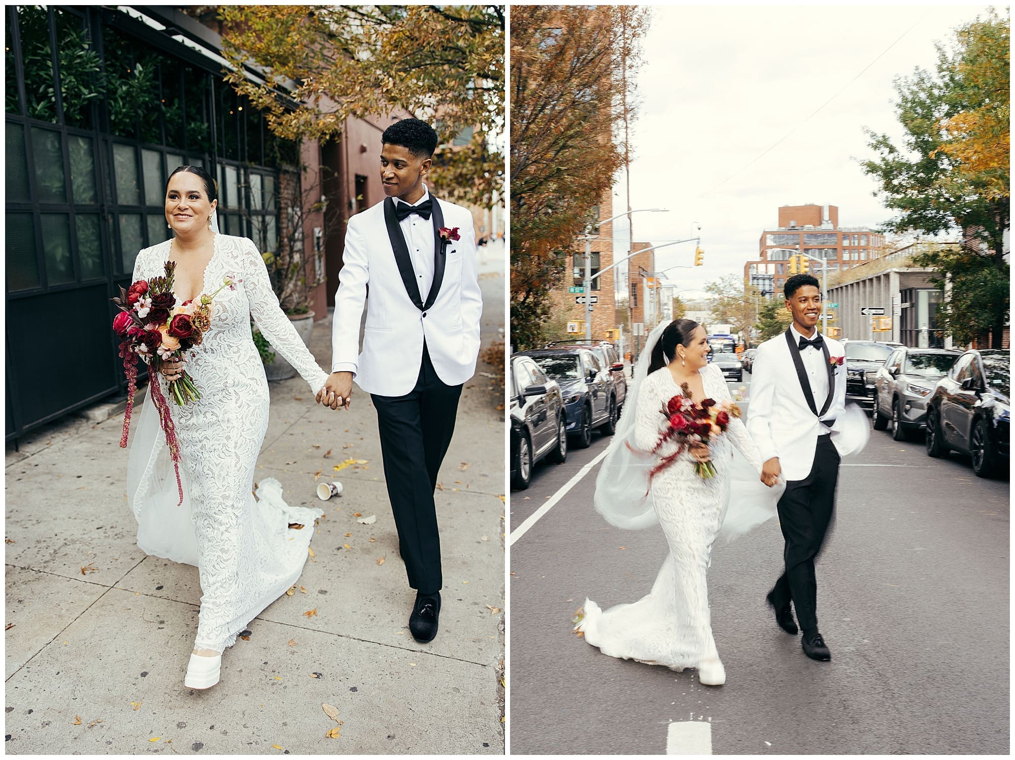 The couple walks together down a Brooklyn street near the Wythe Hotel, both dressed in white wedding attire, sharing a candid moment on their New York City wedding day.