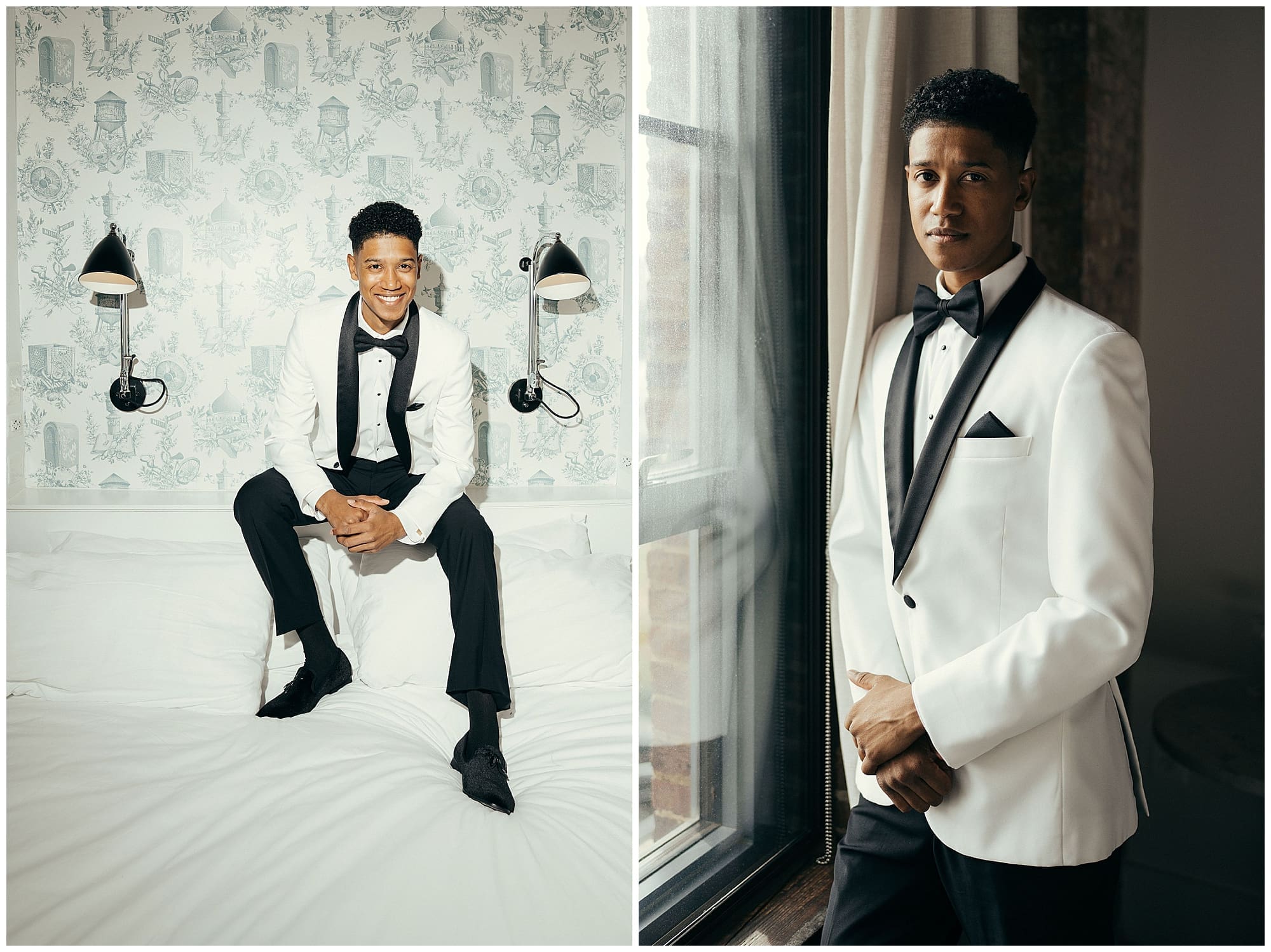 The groom leaps joyfully in a bright, window-lined room at the Wythe Hotel in Brooklyn, NYC, wearing a white tuxedo with black lapels ahead of his wedding ceremony.