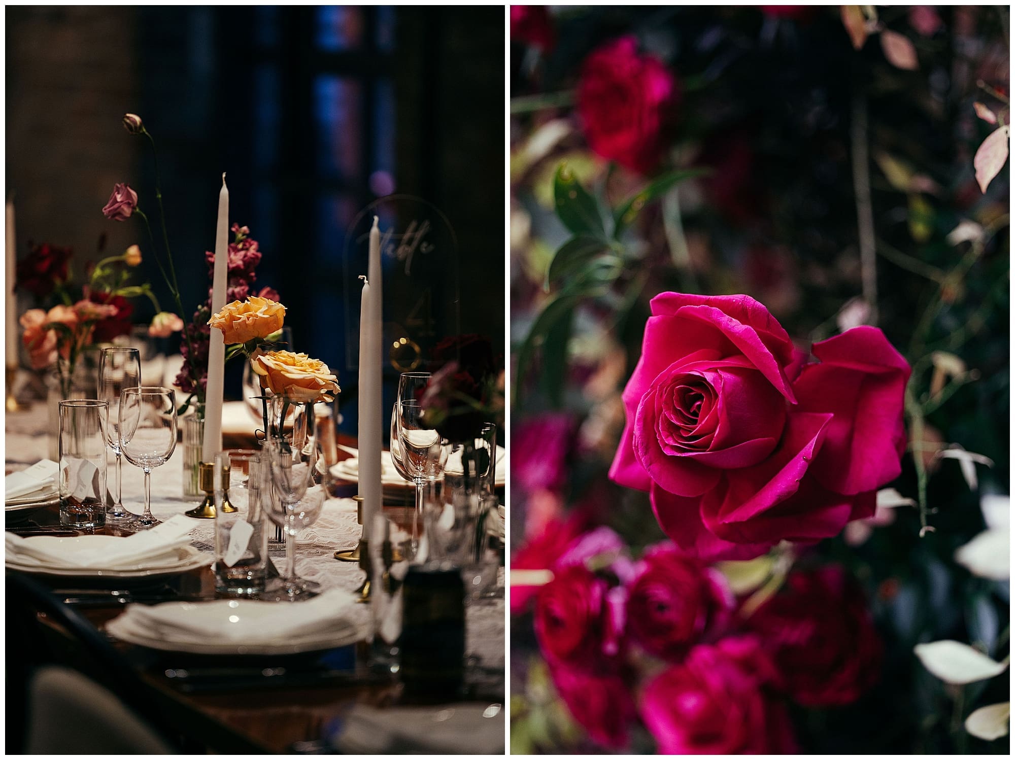 A two-image collage of close-up floral details from this Wythe Hotel Brooklyn wedding. Dramatic deep red roses and richly hued burgundy blooms showcase the artistry of the couple's New York City wedding florist.