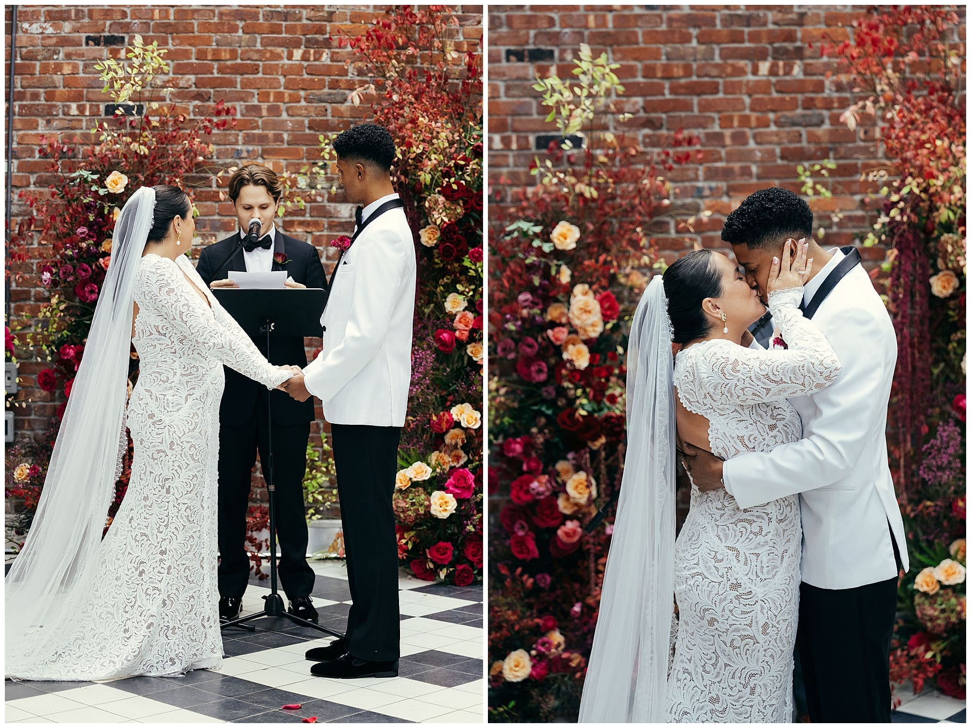 A two-image collage of ceremony moments at the Wythe Hotel Brooklyn. The couple exchanges vows beneath a dramatic floral arch, and a second frame captures them walking together as newlyweds past their guests in New York City.