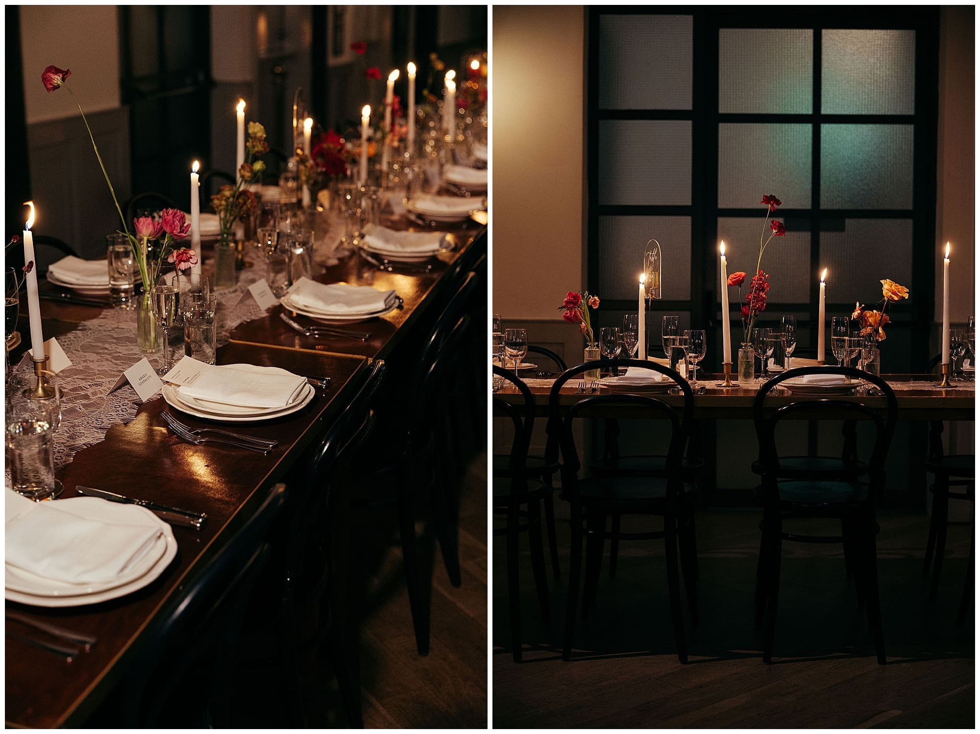 A two-image collage of the long reception table at the Wythe Hotel in Brooklyn, New York, styled with tall taper candles, elegant place settings, and deep red and burgundy wedding florals from the couple's NYC wedding florist.