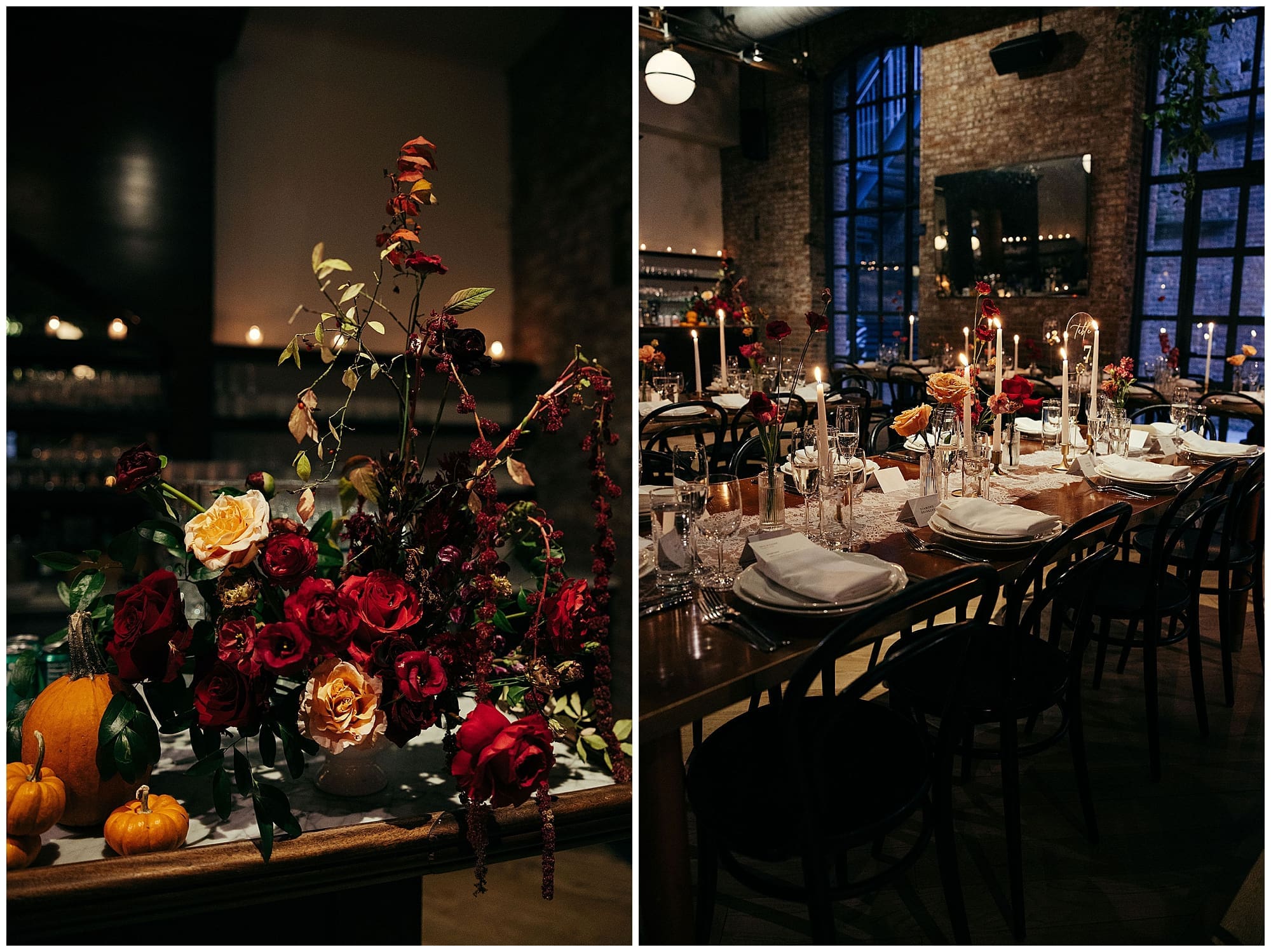 A two-image collage of styled table details and floral arrangements at the Wythe Hotel Brooklyn reception. Deep red and jewel-toned wedding florals from the New York City wedding florist anchor each setting beautifully.