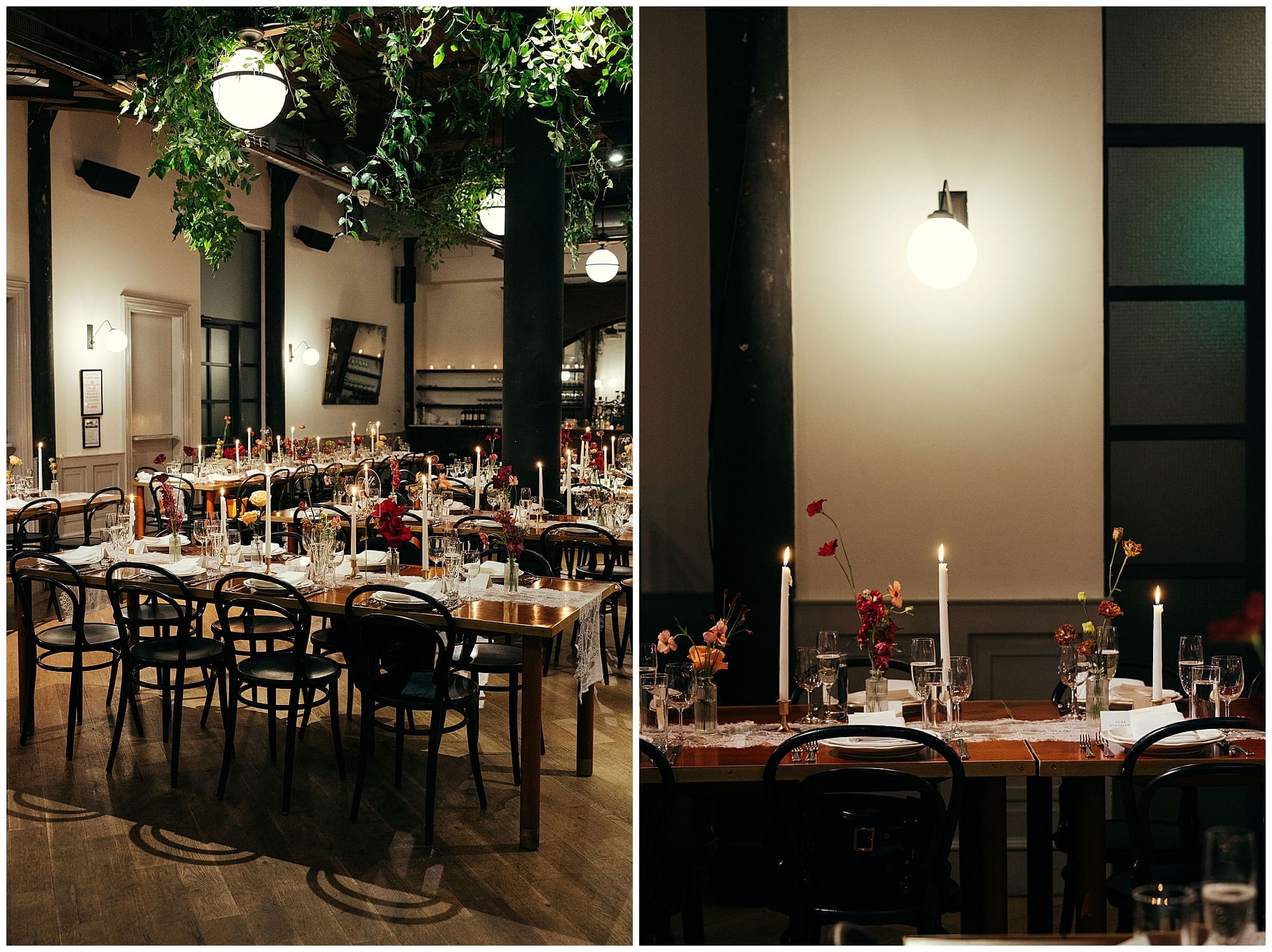 The warm, industrial-chic dining space at the Wythe Hotel Brooklyn is shown styled for a New York City wedding reception, with long tables and ambient lighting creating an intimate and inviting atmosphere.