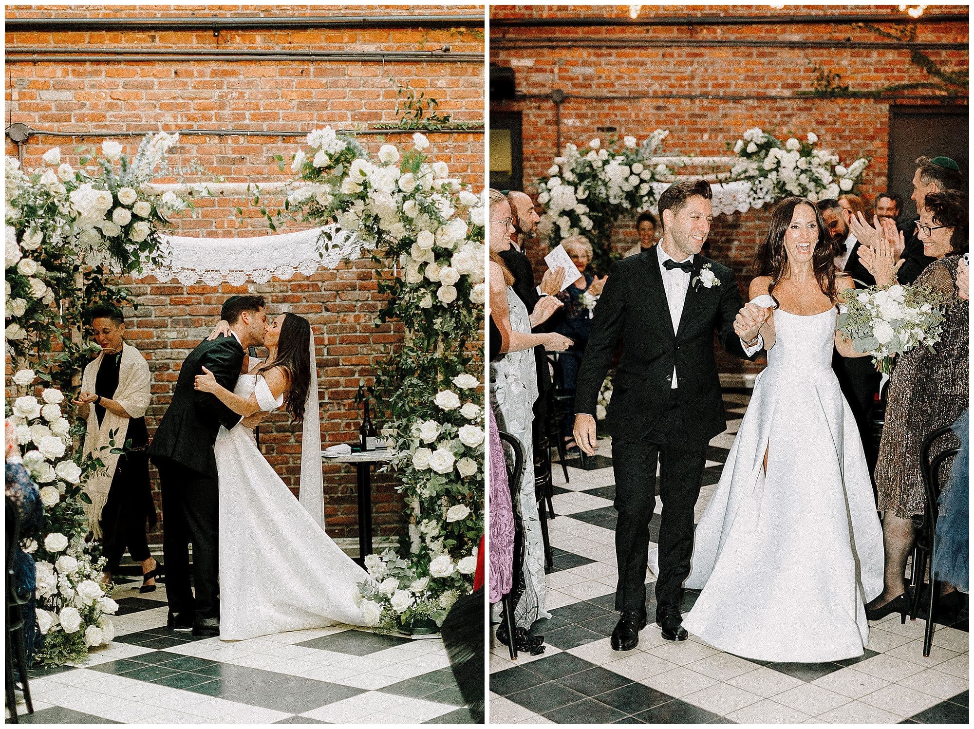 Left: A wide shot of the couple exchanging vows under a stunning wedding floral arch at the Wythe Hotel in Brooklyn, New York, with guests watching from both sides on the checkered floor. Right: A closer view of the couple at the altar beneath the NYC wedding florist's floral arch at the Wythe Hotel, Brooklyn, with the wedding party and seated guests visible behind them.