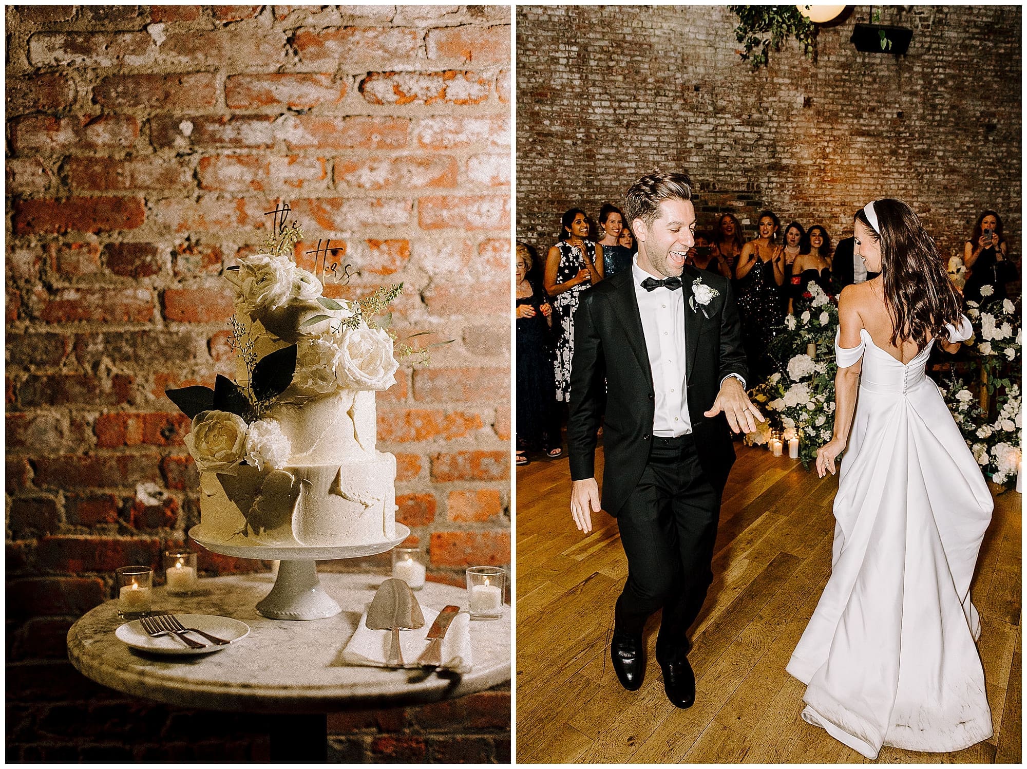Left: A multi-tiered white wedding cake displayed on a pedestal against a brick wall at the Wythe Hotel in Brooklyn, surrounded by dark foliage and wedding florals. Right: The couple walks through the Wythe Hotel, Brooklyn, during their grand entrance, the bride in her flowing white gown and the groom in a black tuxedo, surrounded by lush New York wedding florals.