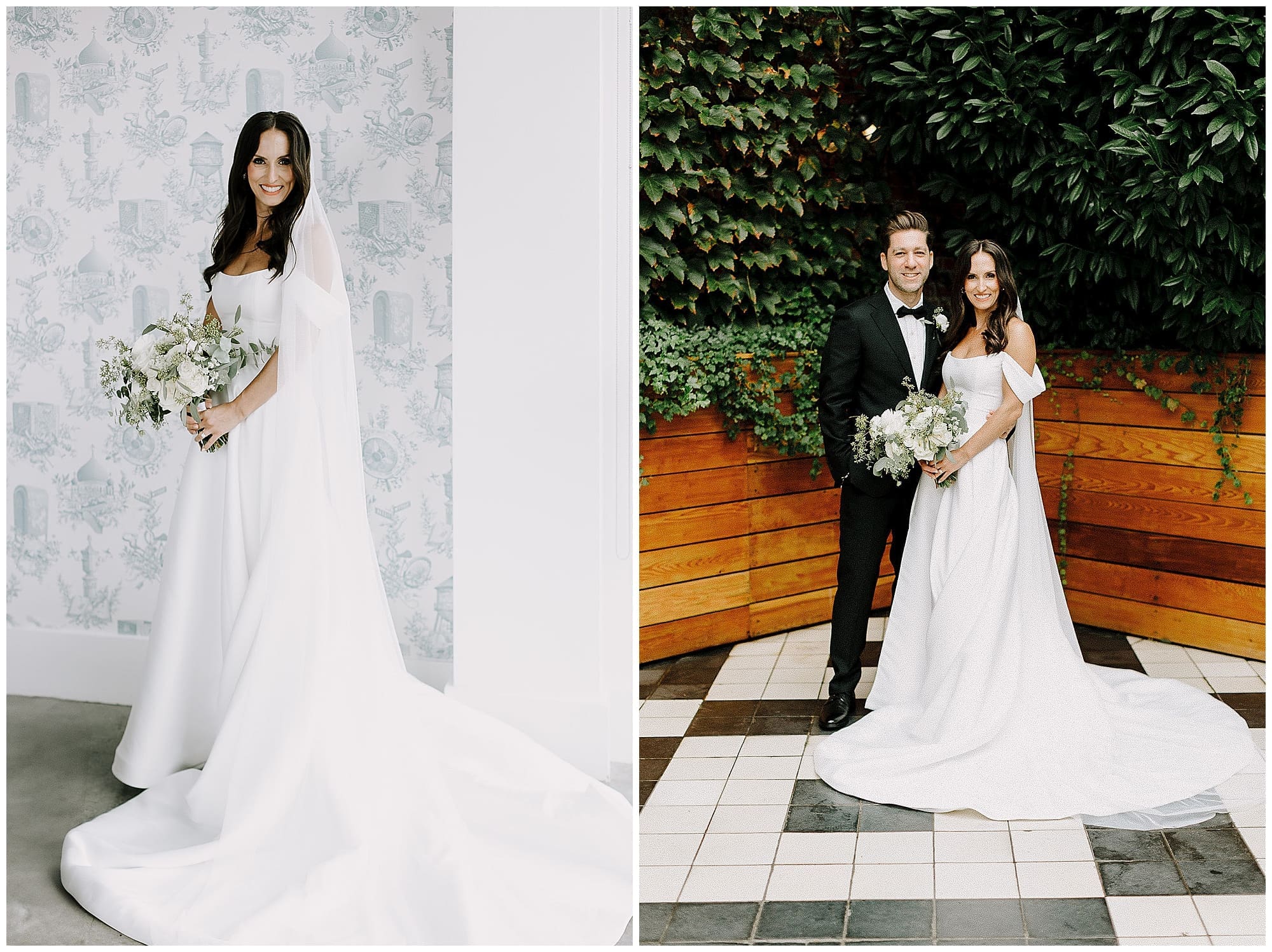 Left: The bride stands alone in front of a white wall with lush greenery at the Wythe Hotel in Brooklyn, New York, holding a white floral bouquet created by a NYC wedding florist, wearing an off-the-shoulder gown. Right: The bride and groom stand together on the iconic black and white checkered floor at the Wythe Hotel, Brooklyn, in front of an ivy wall, both holding wedding florals from their New York wedding florist.